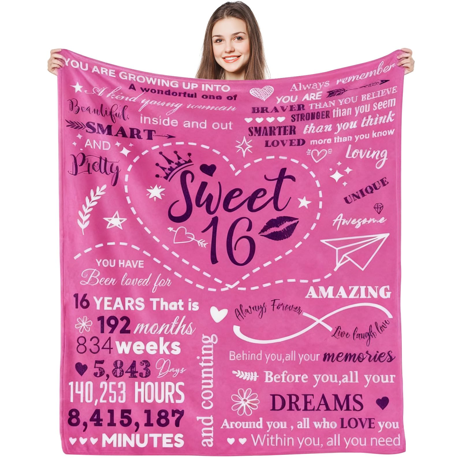 Twirush Girls Pink 16Th Birthday Gifts For 16Th Birthday Blanket 150 * 160Cm, Sweet Gift For 16 Year Teenager, 16 Year Old Gift For Teenager, Gift For Sixteen Year Olds