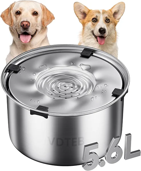 VDTEB Dog Water Bowl No Spill,5.6LStainless Steel Dog Water Bowl with Anti-Slip,Spill Proof Slobber Stopper No Drip Slow Drinking Feeder for Sloppy Messy Drinkers,Indoor and Outdoor Use
