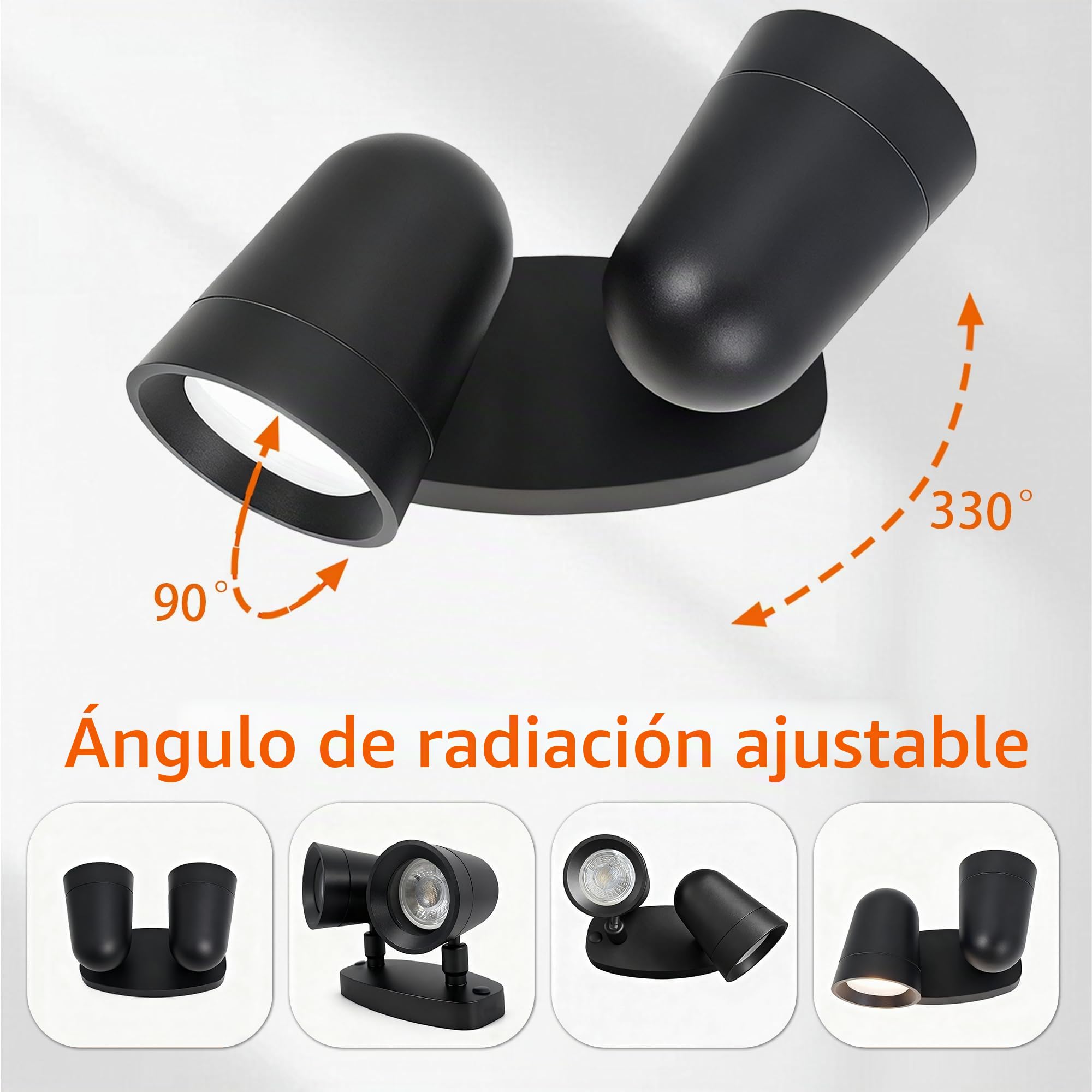 JNR Aplique Pared Exterior, Foco doble, orientable a 330°, Negro | IP65 Impermeable, Ángulo de iluminación Ajustable, Aluminio Luz Exterior Pared Con 2*5W GU10 3000K LED Bombilla 230V