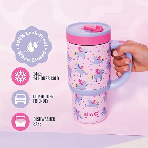 Miniatura 3 de Ello Oasis - Vaso de acero inoxidable de 14 onzas con asa y popote retráctil, 100% a prueba de fugas, doble pared aislada al vacío, botella de agua