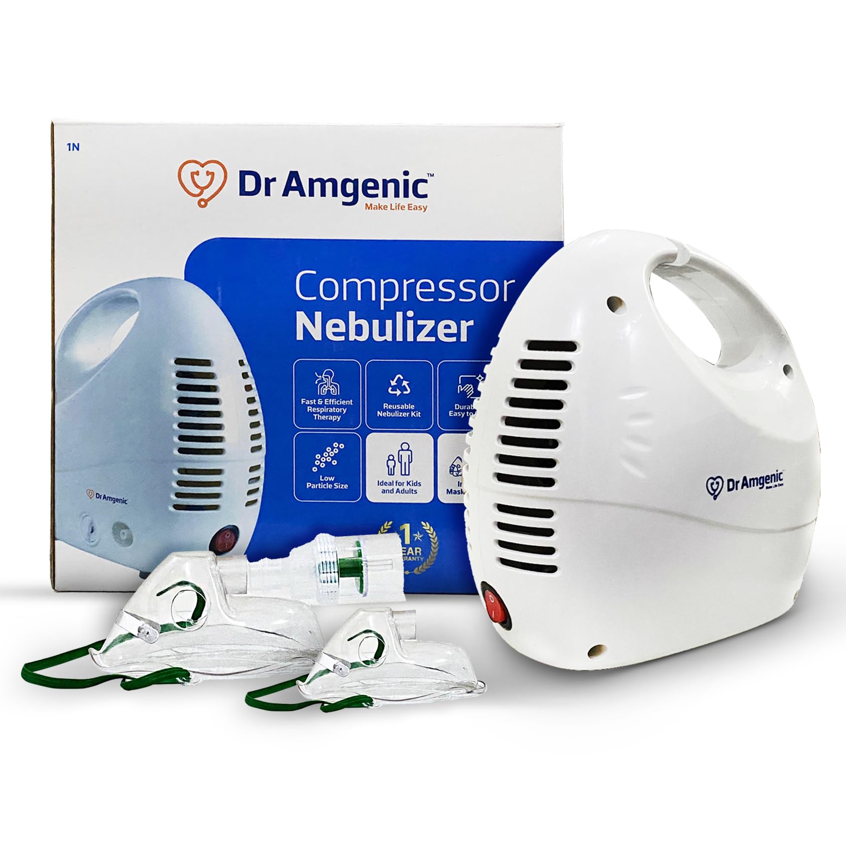 Dr Amgenic Handy Compressor Nebulizer Machine – Fast & Efficient Respiratory Therapy for Kids & Adults | Reusable, Complete Mask Kit | Ideal for Home Use