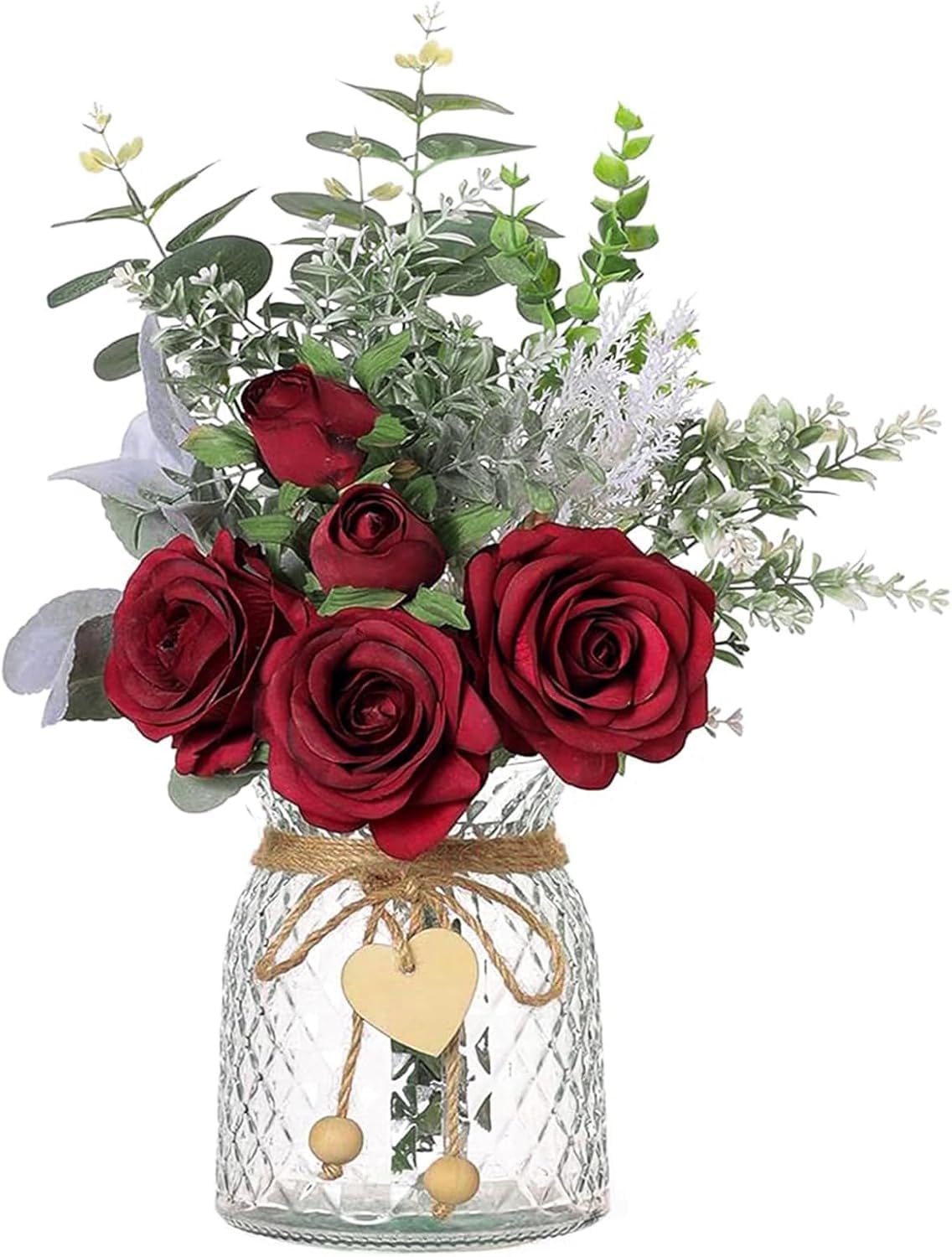 Floralsecret Faux Flowers with Vase Artificial Burgundy Rose Flowers in Vase Fake Eucalyptus Plant Floral Arrangement for Table Centerpieces, Baby Shower, Home Kitchen Office Coffee Shop Decorations — image 1