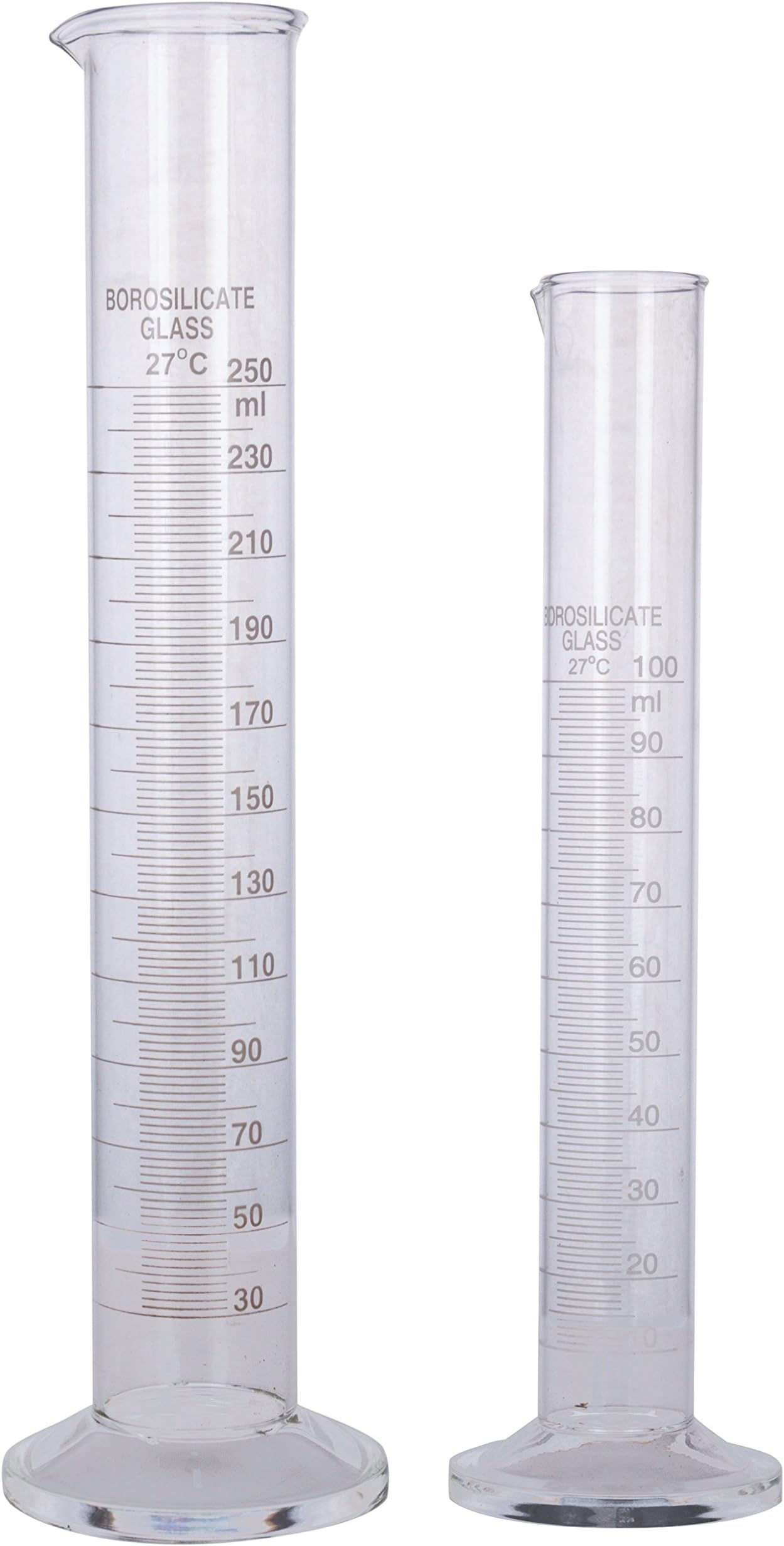 Measuring Cylinder 100ml & 250ml [Combo of 2] of heavy Borosilicate Glass with marking.