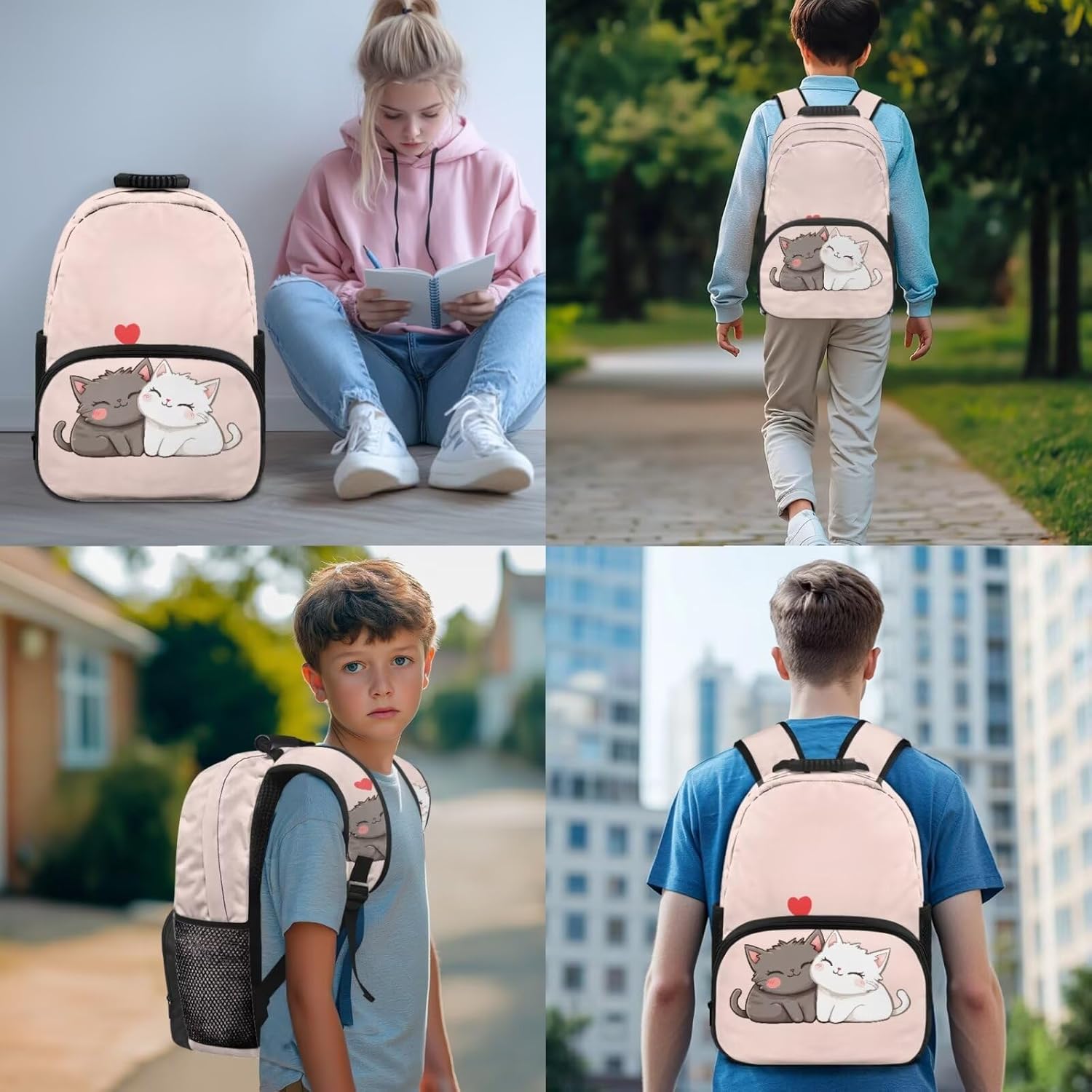 4Pcs Kid's Backpack Set Cute Cartoon Cat Schoolbag with Lunch Bag Pencil Case and Water Bottle Holder for Elementary School Bag Bookbag 17 Inch Daypack Pink