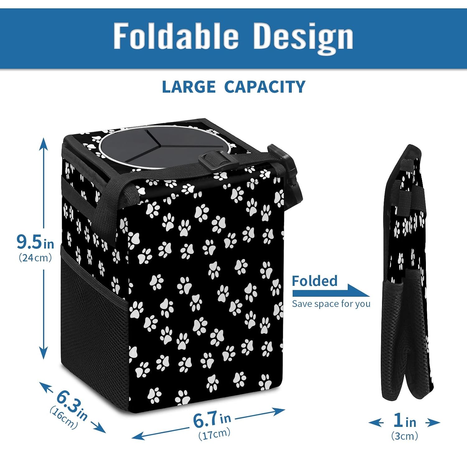 Car Trash Can White Dog Paw Print Black Auto Garbage Bag Car Trash Can with Lid Leak-Proof Car Storage Bag Auto Garbage Bag Hanging for Headrest Collapsible and Portable with Storage Mesh Pocket