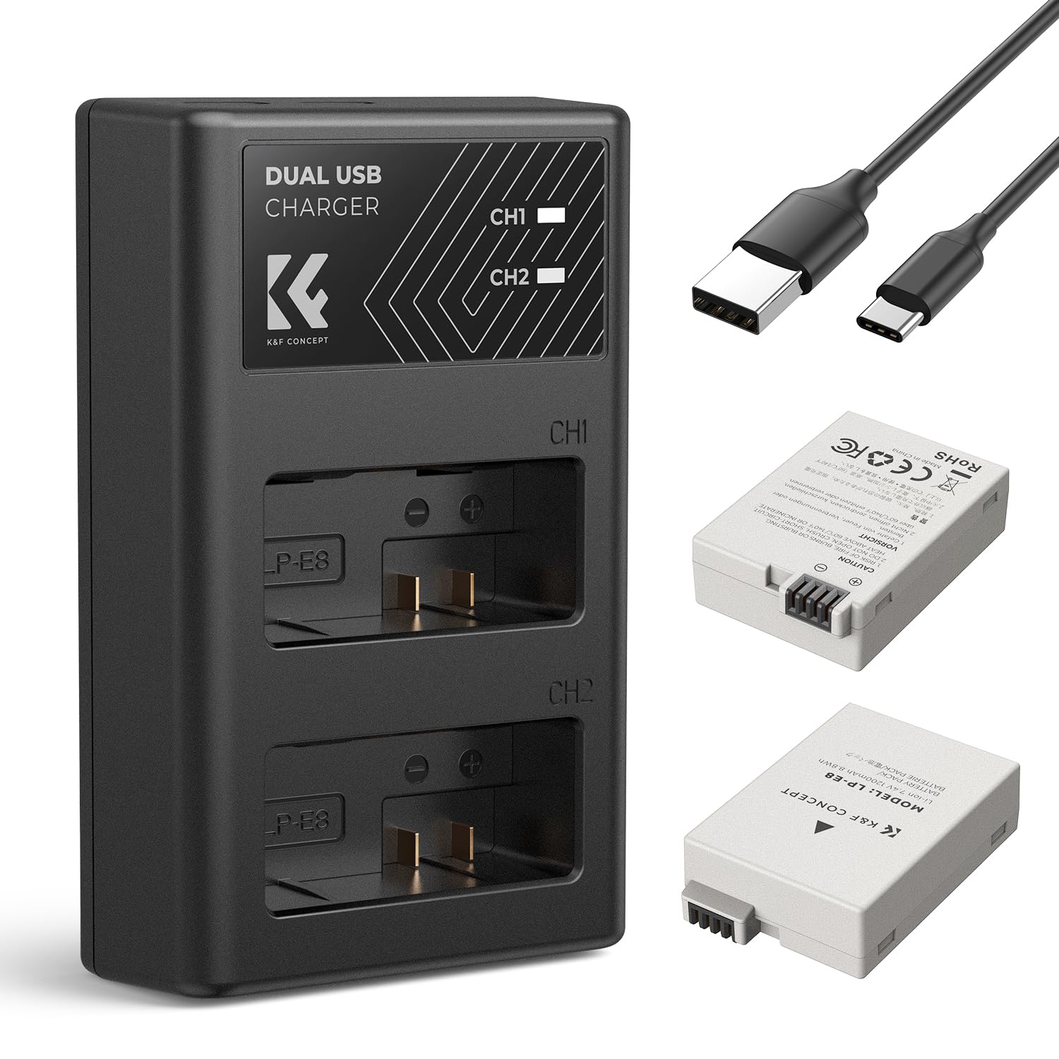 K&F Concept LP-E8 Battery and Charger Set with Dual Slot Charger for Canon EOS 700D 650D 550D X7i X6i X5