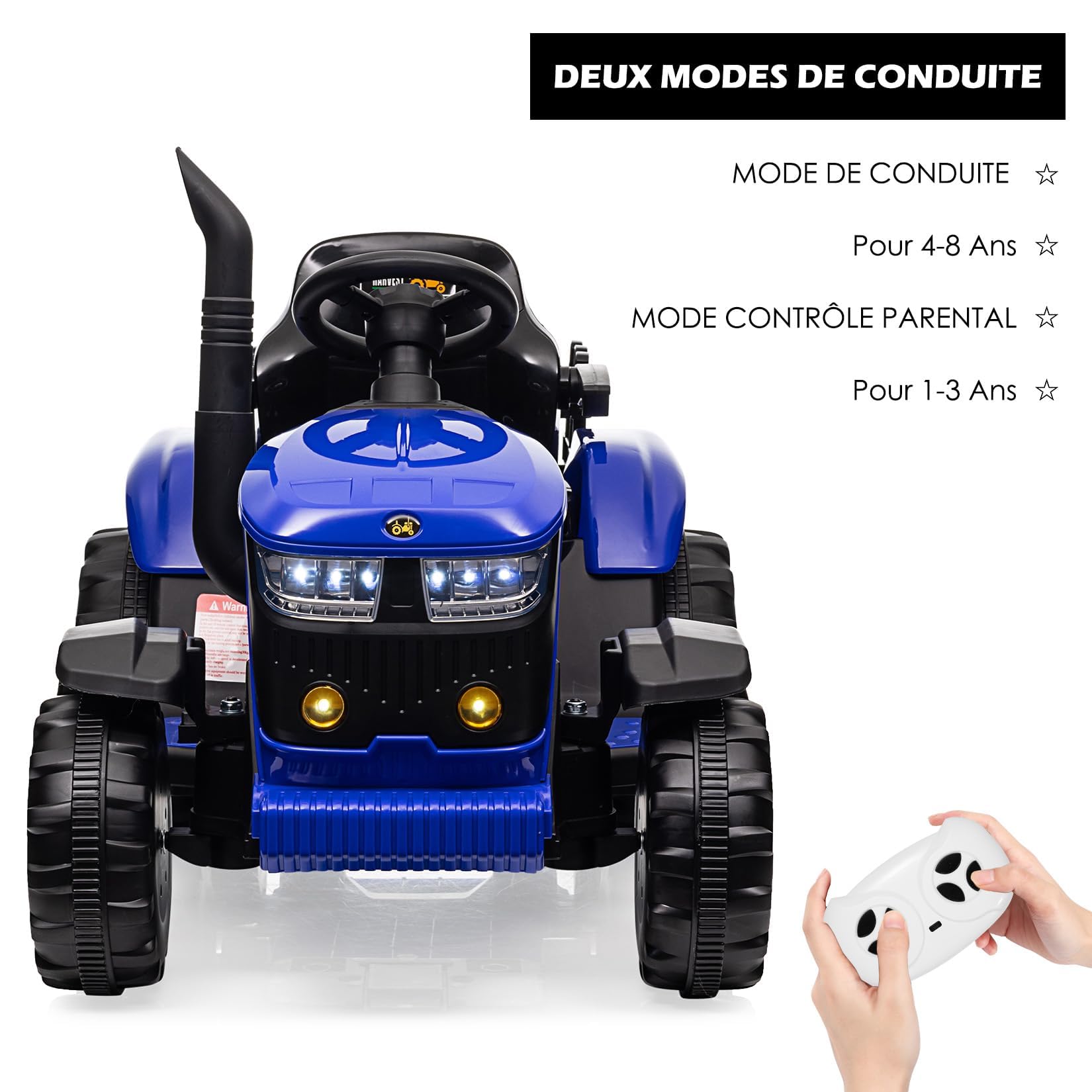 Tracteur électrique Enfant avec Remorque Amovible, 12 v Voiture électrique à 6 Roues avec Télécommande, 2 Moteurs De 35 w Chacun, Musique, 3 Vitesses, 7 LED, pour Les Enfants De 3 à 8 Ans