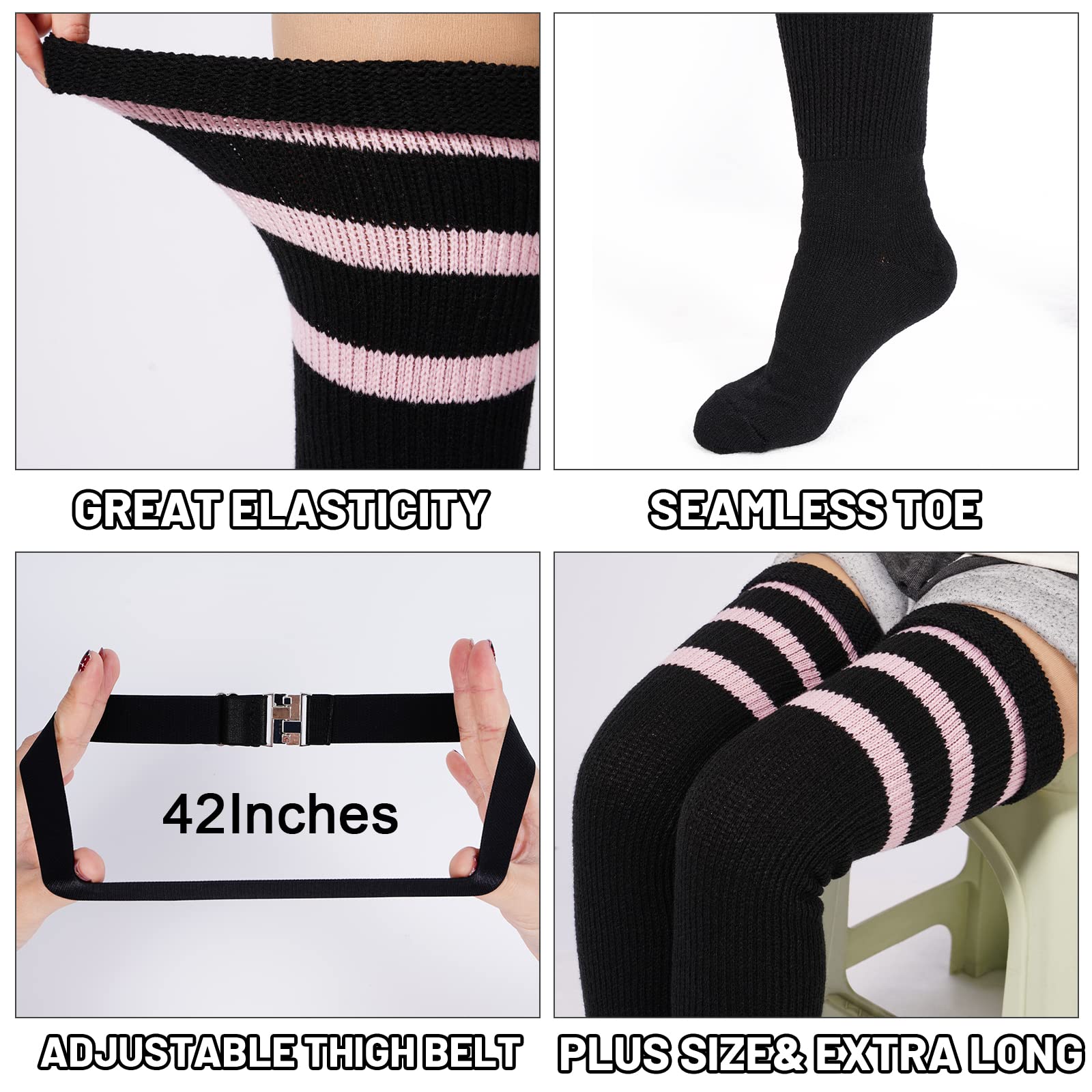 Abodhu Plus Size Thigh High Socks for Thick Thighs Women- Extra Long Widened Extra Long Thick Knit: Black & Light Pink