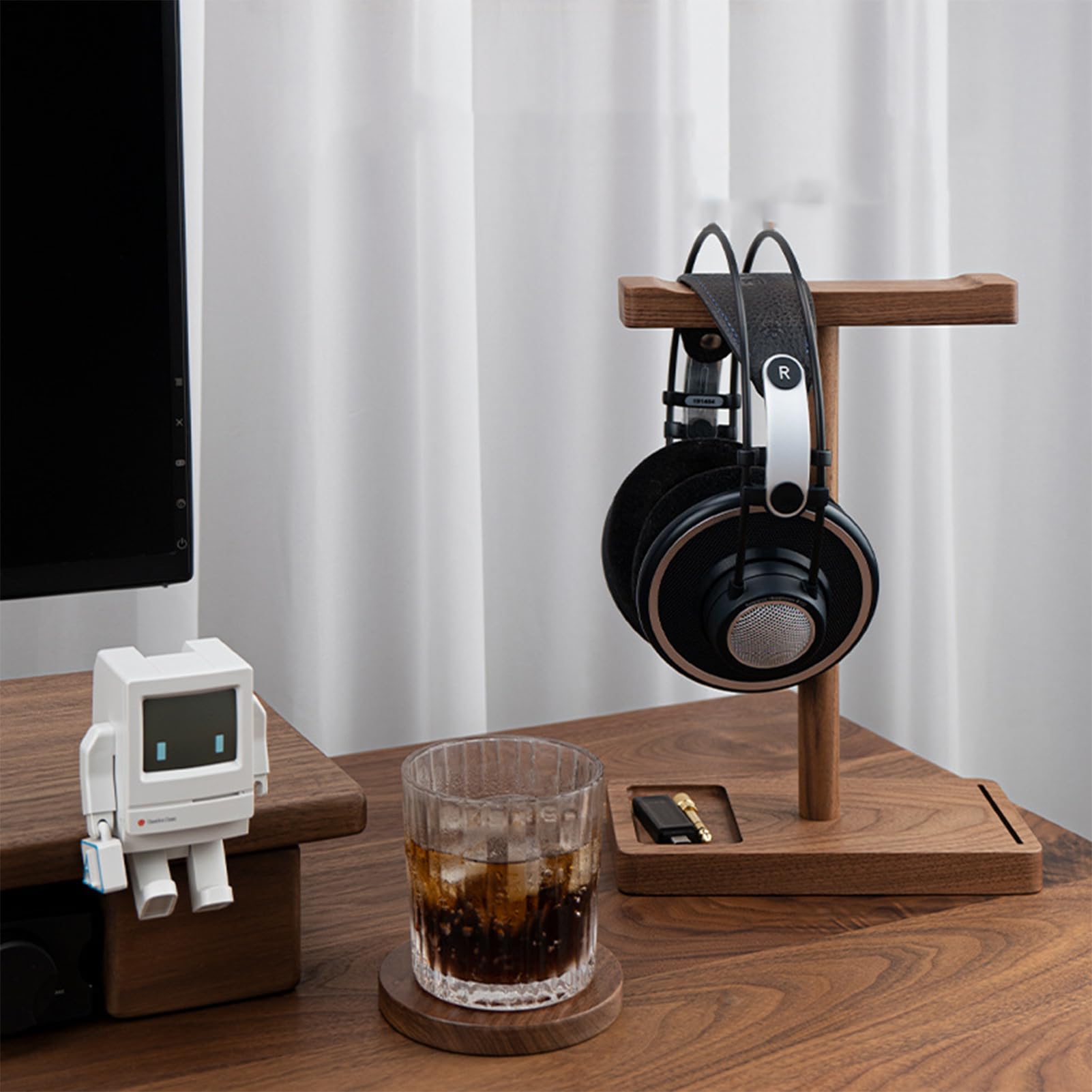 Supporto per cuffie in legno di noce, supporto da scrivania in legno di | noce nero, gancio audio rustico, supporto universale per cuffie, organizer per accessori musicali, antiscivolo stabile