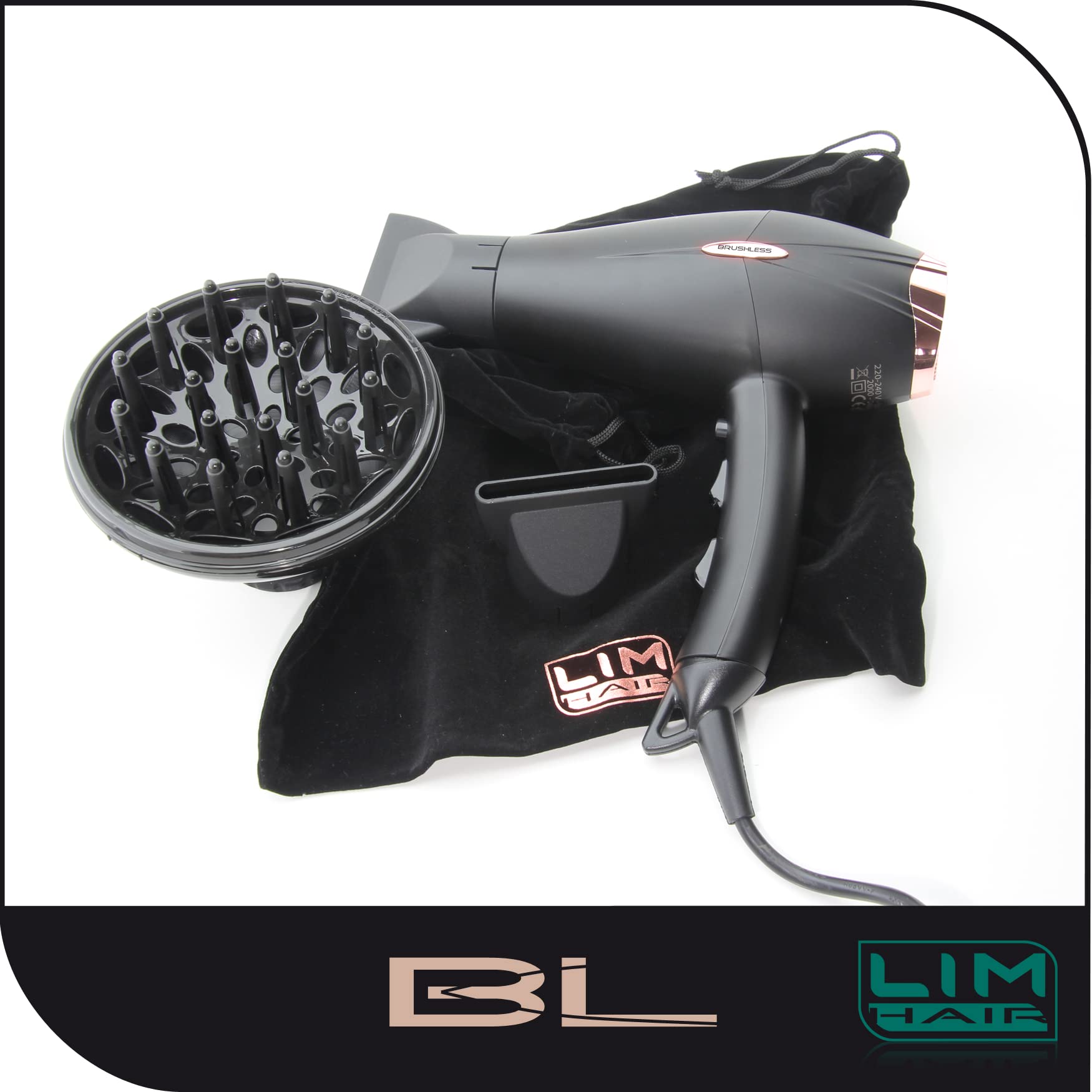 Asciugacapelli LIM HAIR BL PROFESSIONAL 2400W con motore BRUSHLESS DIGITAL, il più potente, il più leggero e il più resistente degli essiccatori tradizionali LIM HAIR. 2 ugelli+ diffusore