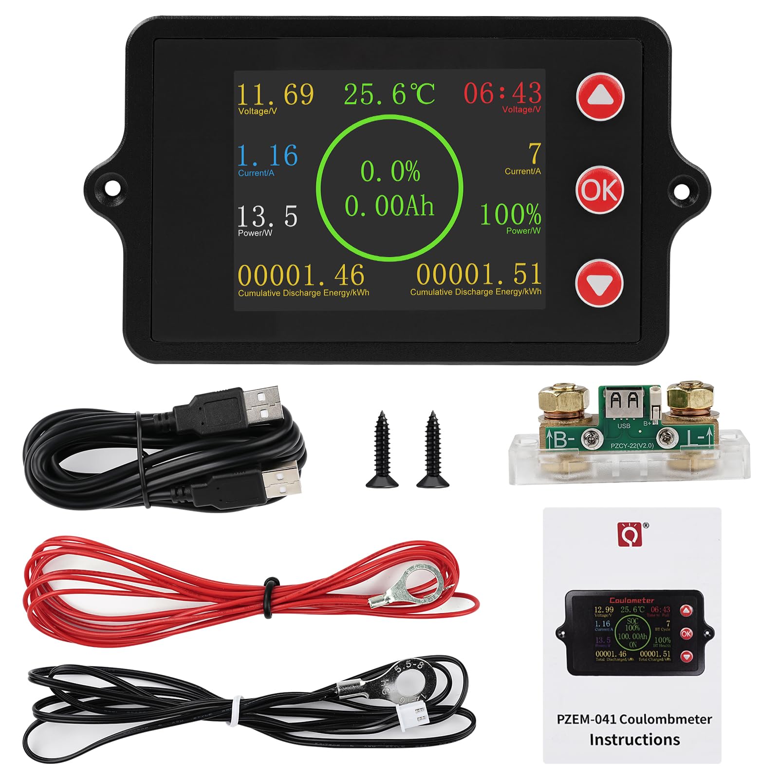 Monitor de Batería DC8-100V Comprobador de Baterias Pantalla a Color Battery Monitor Corriente/Tensión/Potencia/Capacidad restante/Conteo de ciclos Derivador de Cobre-manganeso 300A + USB 2 m