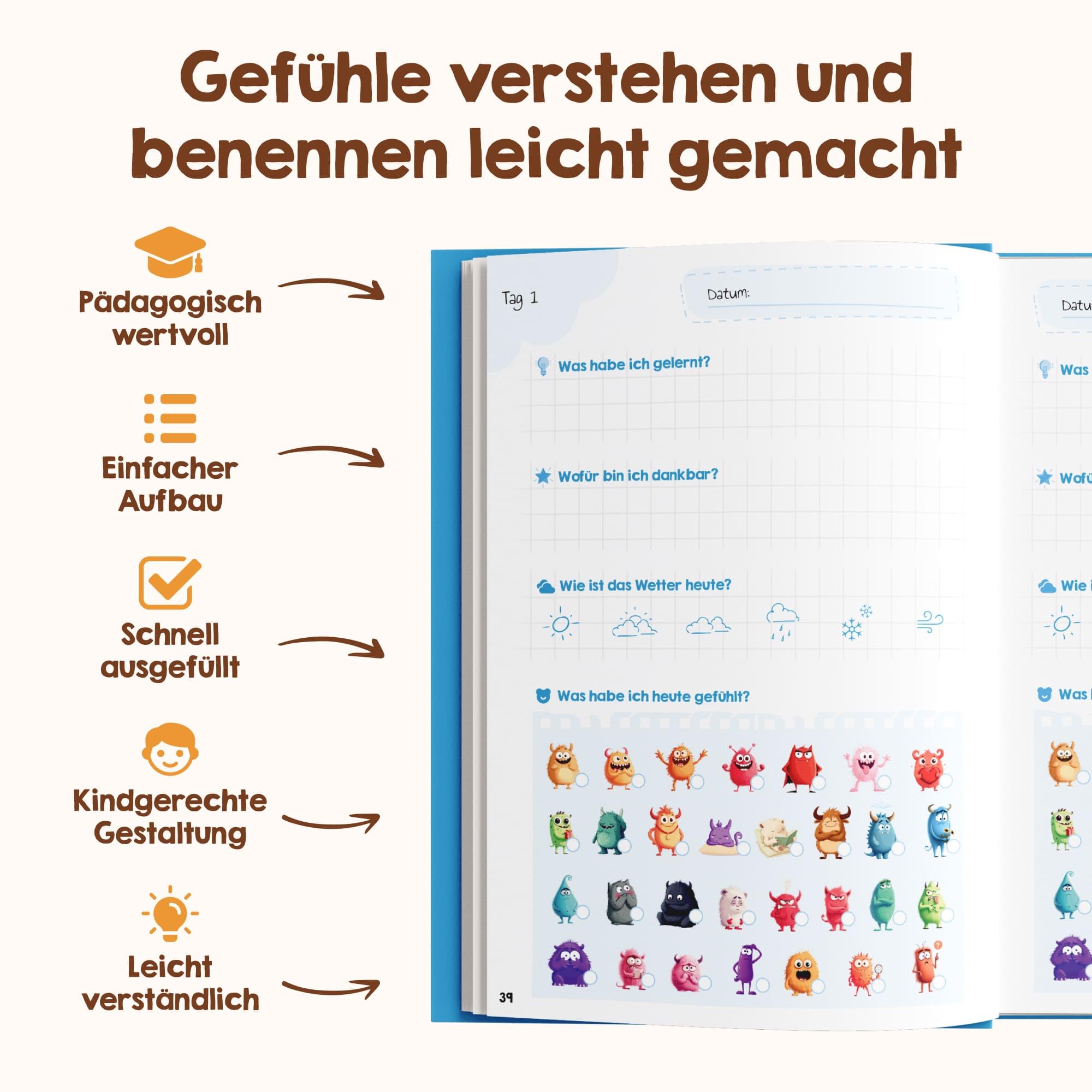 Edubini Gefühlstagebuch Kinder [6-12 Jahre] - Tagebuch Mädchen & Jungs - Gefühle Buch für Umgang mit Emotionen und ein gutes Gefühl, Dankbarkeitstagebuch für Kinder (inkl. 10 Spiele) (blau)