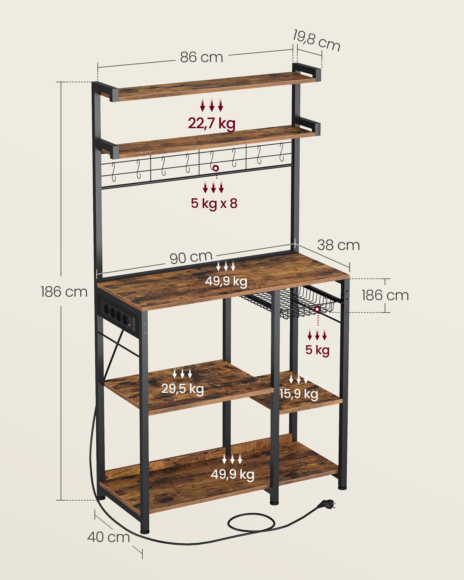 Zaza Home Keukenplank, staande plank met 4 haken, industriële