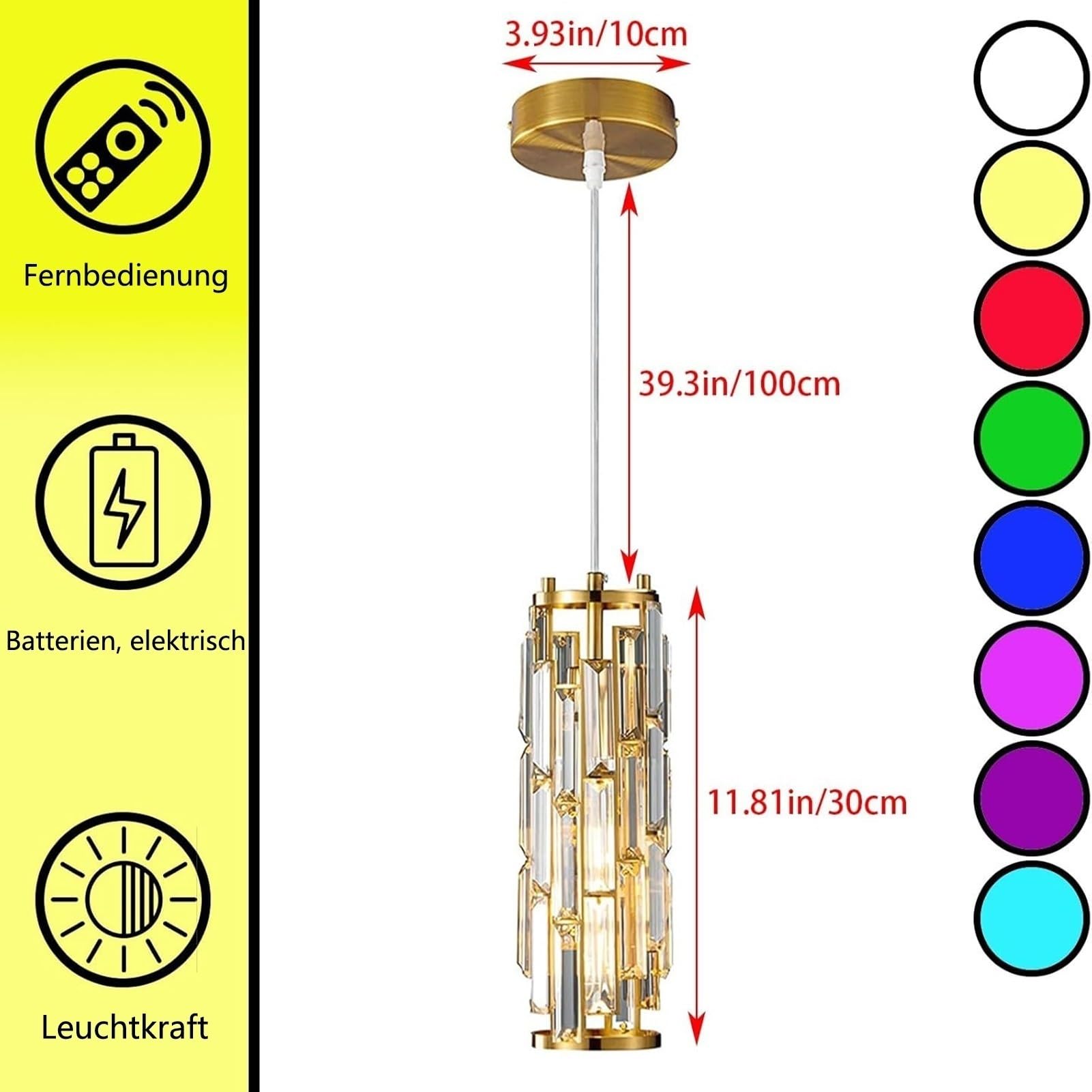 Kristall Hängelampe Mit Batterie,Ohne Stromanschluss Wiederaufladbar Pendelleuchte Mit Fernbedienung Pendellampe Batteriebetrieben,7-Farbkonvertierung Für Kücheninsel Nachttisch Schlafzimmer(Gold)