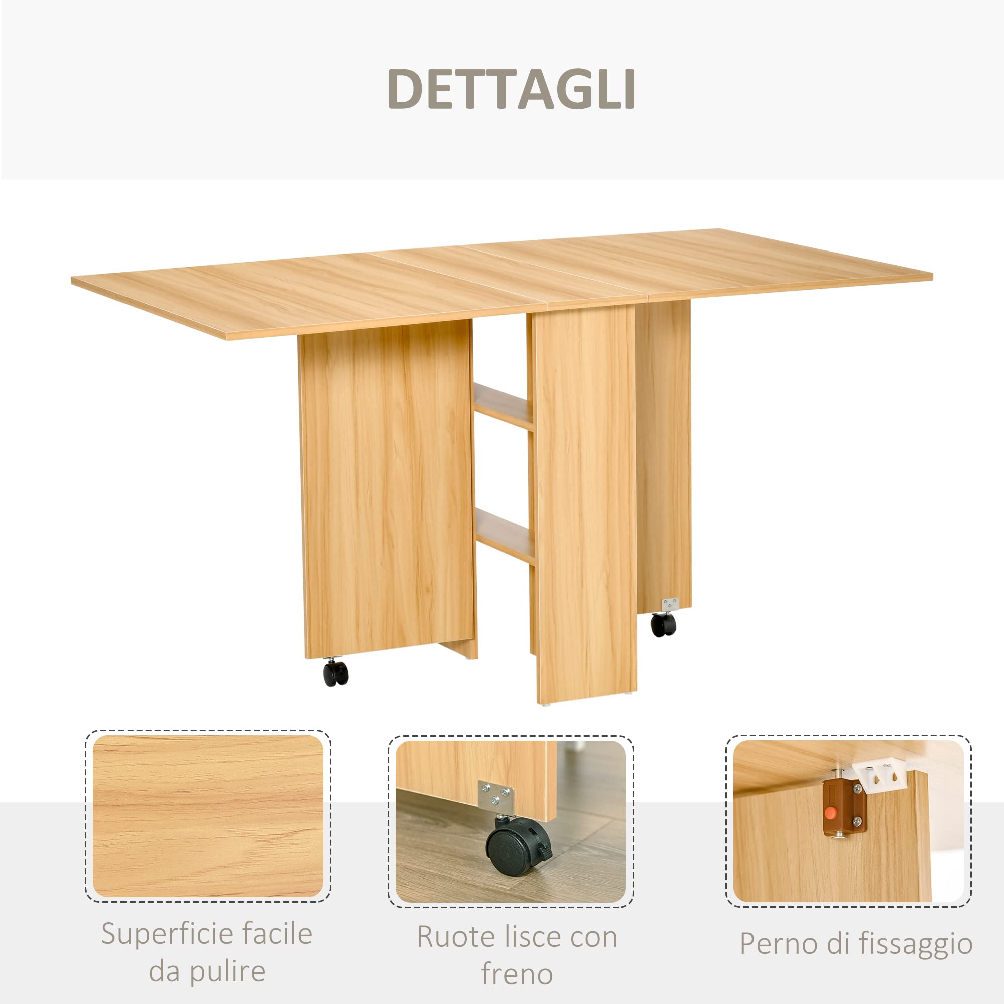 HOMCOM Tavolo da Pranzo Pieghevole con Ruote 140x80x74 cm Legno Naturale | Tavolo Cucina a Ribalta, Ruote a Freno, per 4-6 Persone, Scrivania Richiudibile con Ripiani, per Soggiorno