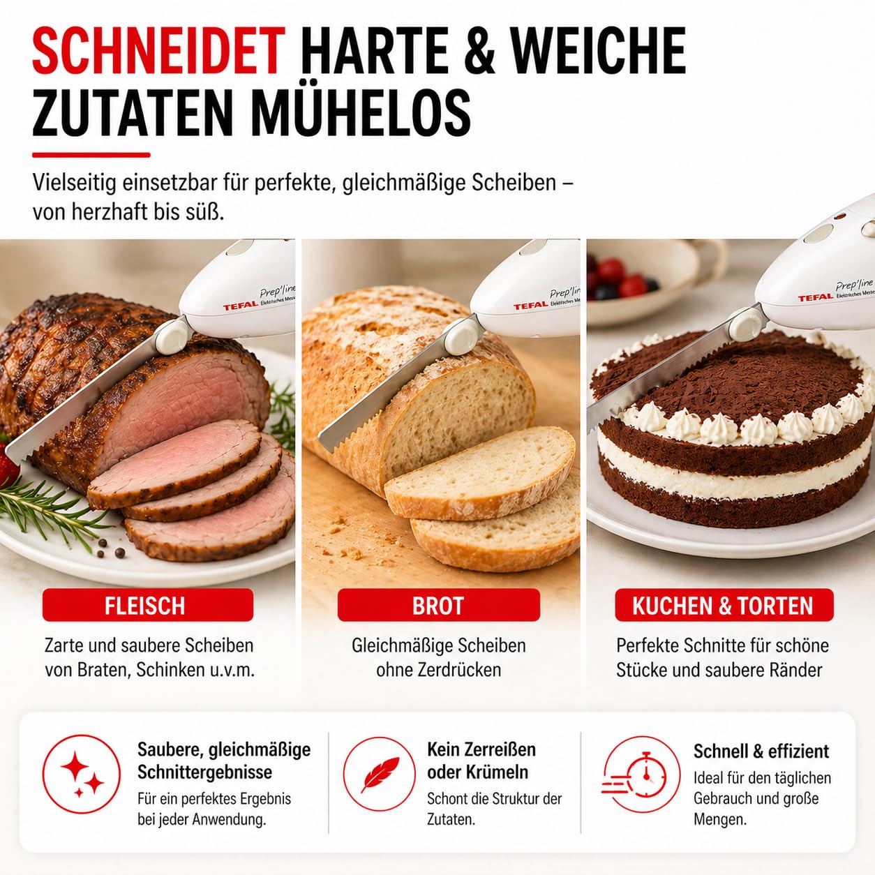 Tefal Elektrisches Messer 100 Watt Edelstahlklinge für Tiefkühl-Gut weiß/greige