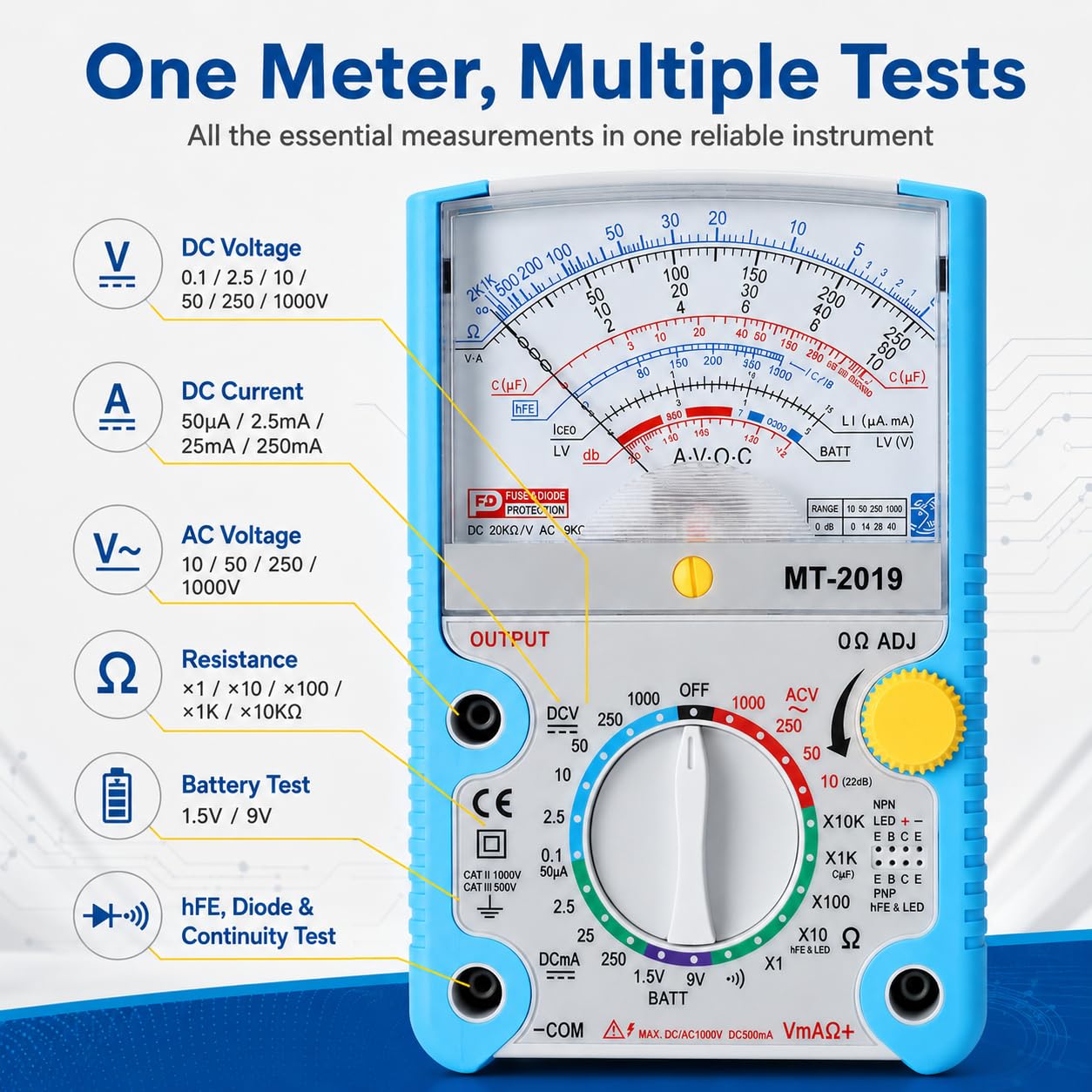 Multimetro Analogico Tester Elettricista Con Puntali | Tester Elettrico Multimetro Voltmetro Amperometro Ohmetro Tascabile Per Ac/Dc Tensione, Dc Corrente, Resistenza E Batterie