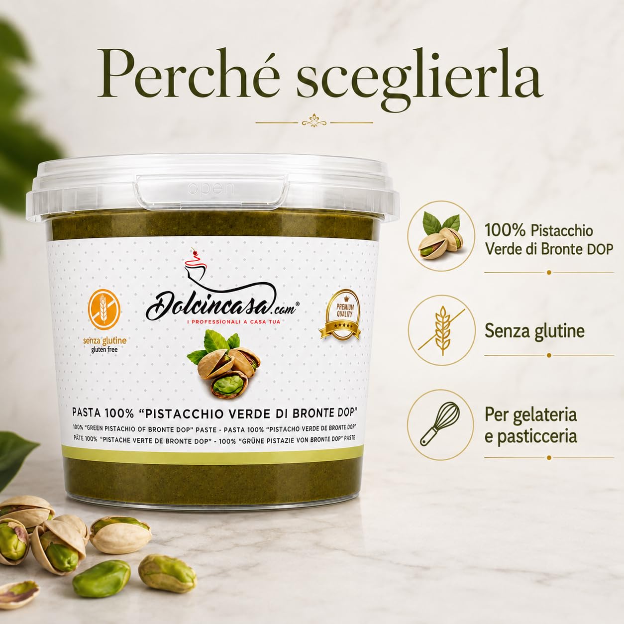 Dolcincasa Pasta Pura di Pistacchio Verde di Bronte DOP 100% - Senza Coloranti e Aromi Aggiunti - Per Gelato Artigianale, Creme, Dessert e Pasticceria Professionale - 500 g