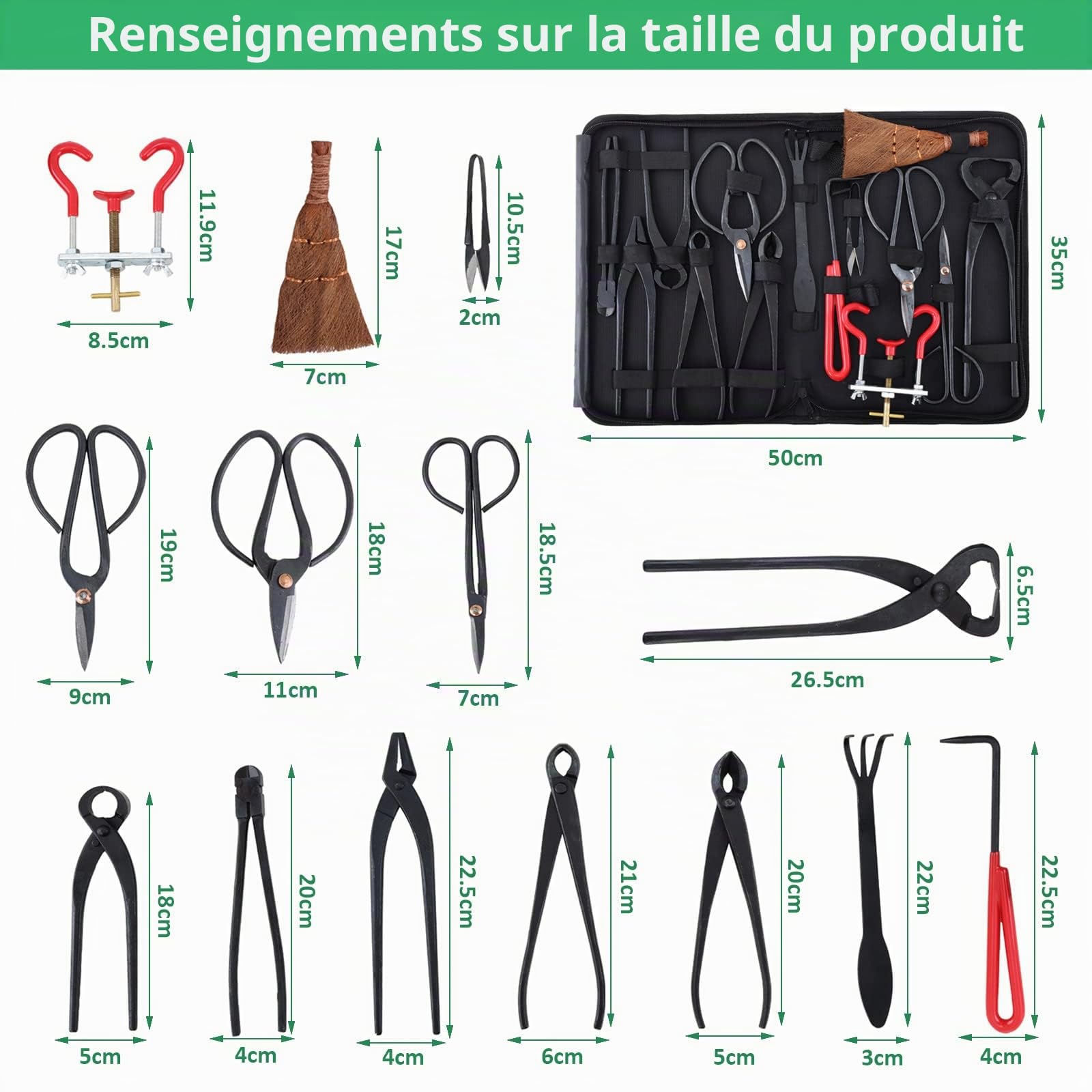 Lot de 14 Outils pour bonsaï, RoseFlower Outils de Jardinage Ciseaux Cisaille en Carbon Steel, Coupe Concave et Coupe-Bouton, séparateur de Coffre, Professional Bonsai Tool Kit pour Jardin Topiaire