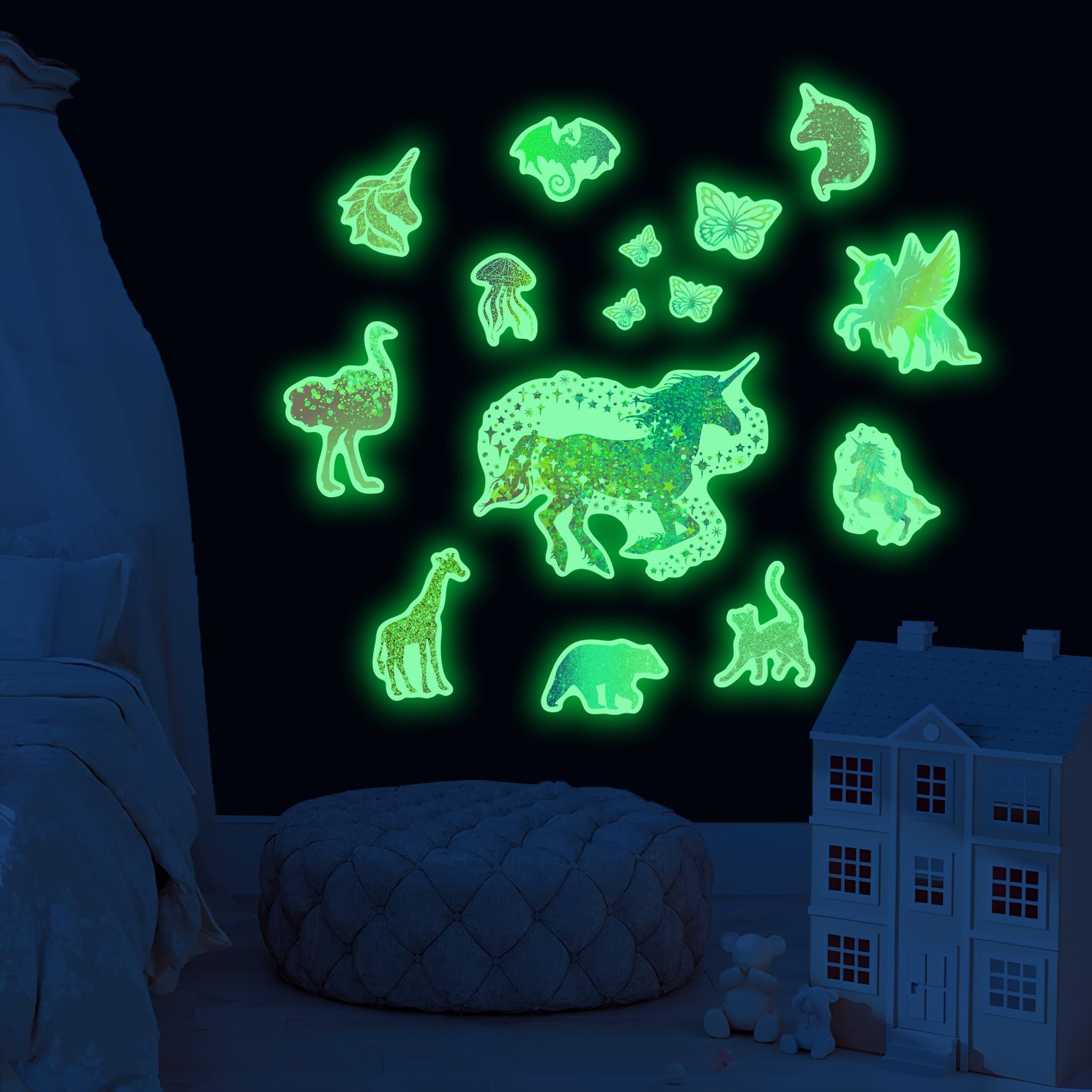 Glow in The Dark Unicorns Wall Decals, Glitter Animals Stickers for Boys Room, Luminous Stars Ceiling Decor for Bedroom Playroom Nursery