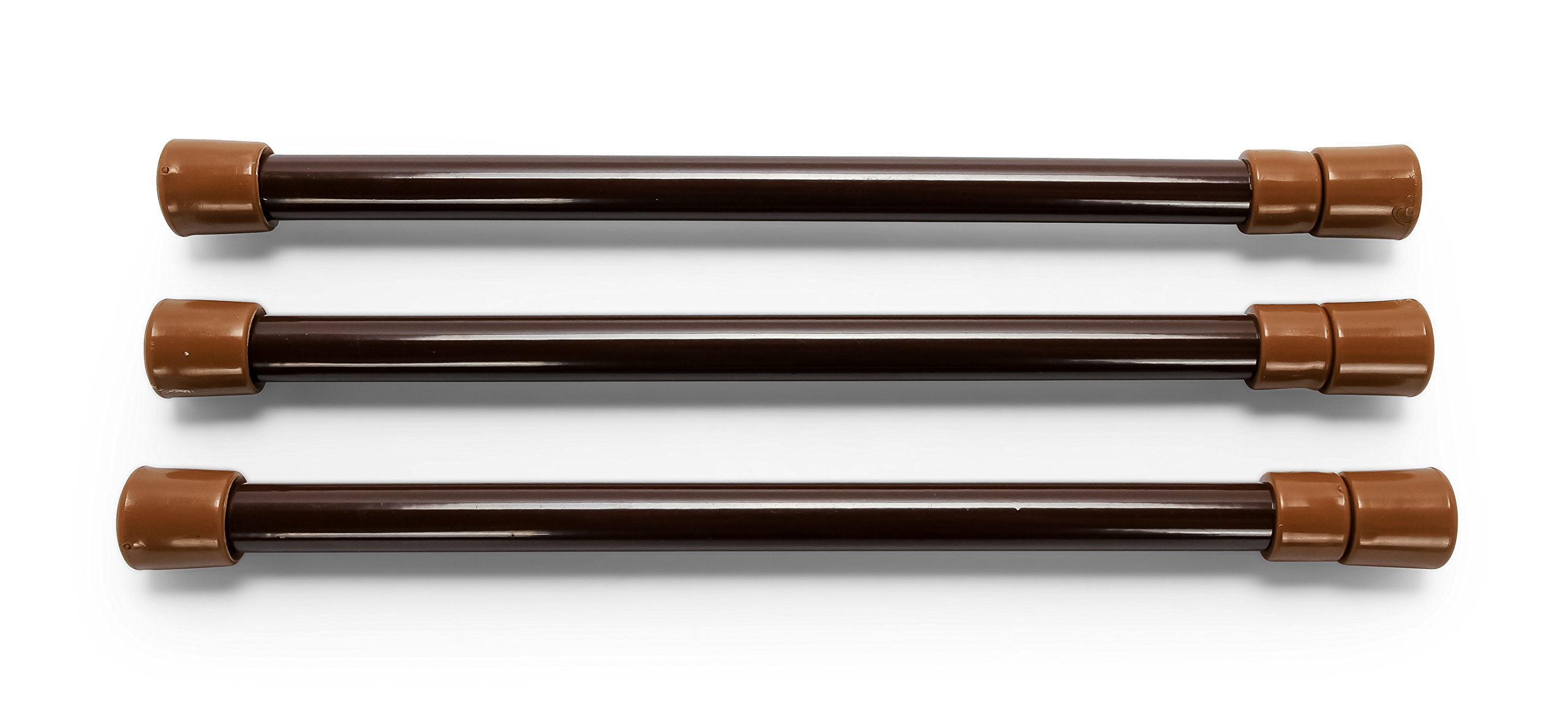Camco 17" RV Cupboard Bars - 3 pack, Holds Food and Drinks in Place During Travel, Prevents Messy Spills, Spring Loaded and Extends Between 10" and 17" - Brown (44066)