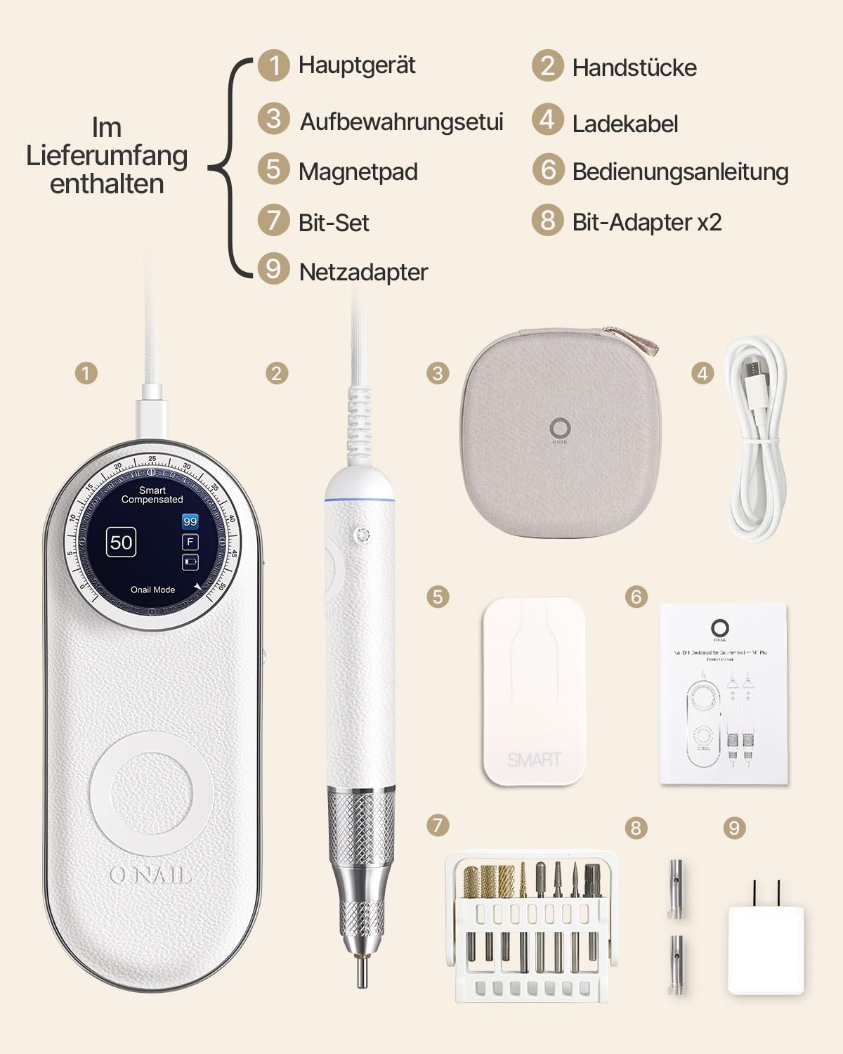 Nagelfräser für Gelnägel – O NAIL Maniküre Pediküre Set 50000 U/min, LCD-Display, Fräsaufsätze, Smart Control, Kabelloses & Salon-Qualität für Acryl-Gel-Nägel, für Stylisten, Nailartists