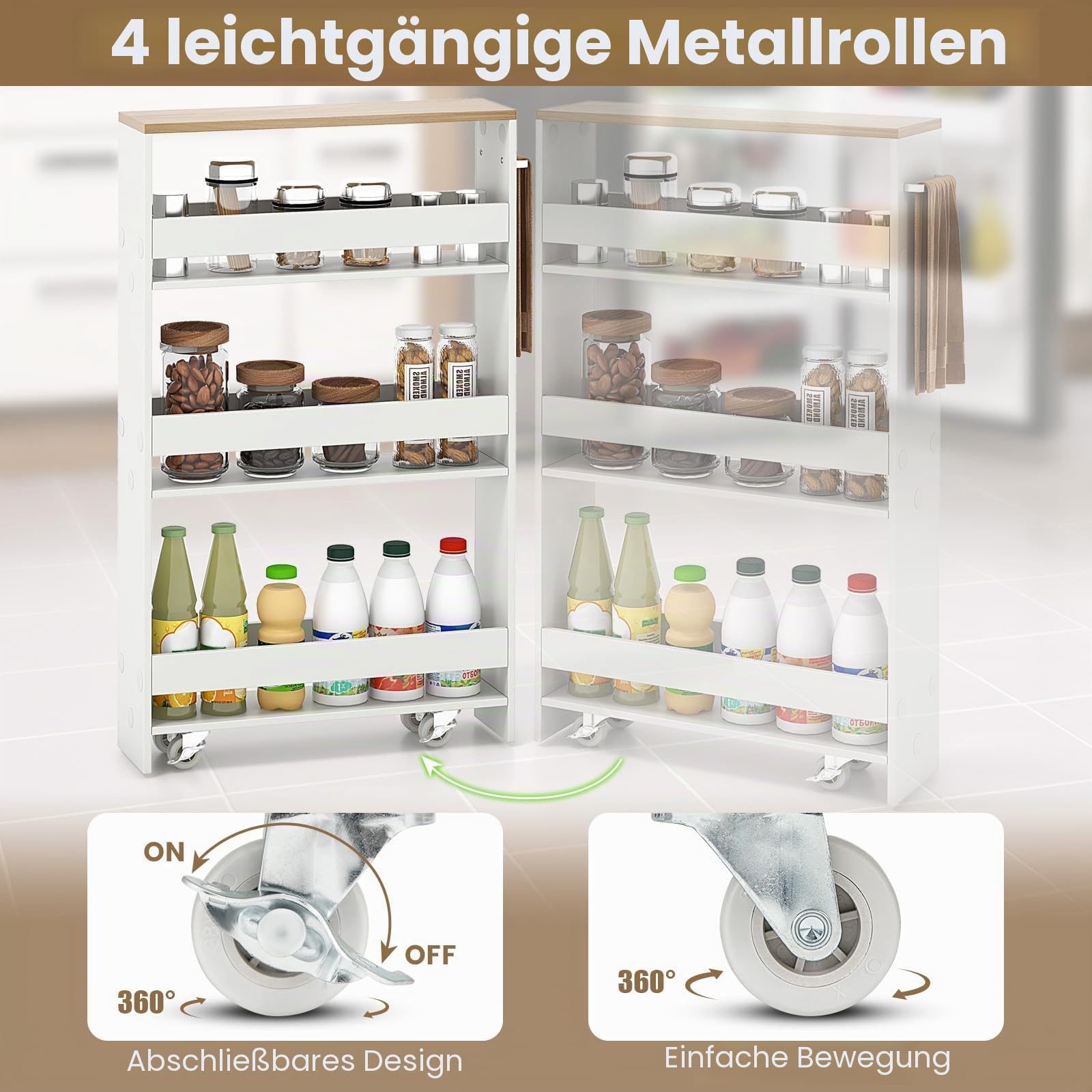 FANTASK Nischenwagen 13cm breit, Küchenregal auf Rollen mit Griff & Geländern, 4 Etagen Nischenwagen, Badregal platzsparend für Küche, Badezimmer, 47,5x13x80,5cm (Weiß+Natur)