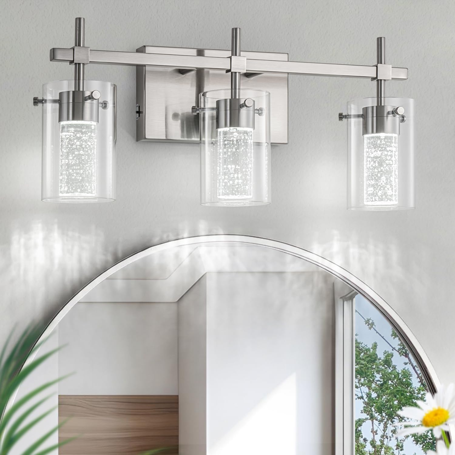 3-Light Brushed Nickel Vanity Light with 3 Color Modes (3000K/4000K/6000K), Eye Protection LED Bathroom Light Fixture, Dimmable Modern Wall Light Over Mirror with Clear Glass Shade