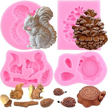 Zixiang Forest Animal Silicone Mold Squirrel Pine Cones Fondant Mold Hedgehog Stump Tree Trunk Candy Molds For Cake Decorating Cupcake Topper Chocolate Gum Paste Polymer Clay Set Of 4