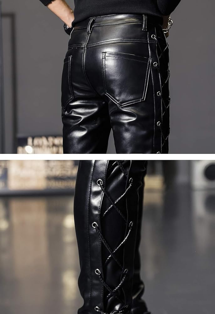 Idopy Men`s Rock Steampunk Lace Up PU Leather Pants Slim Fit
