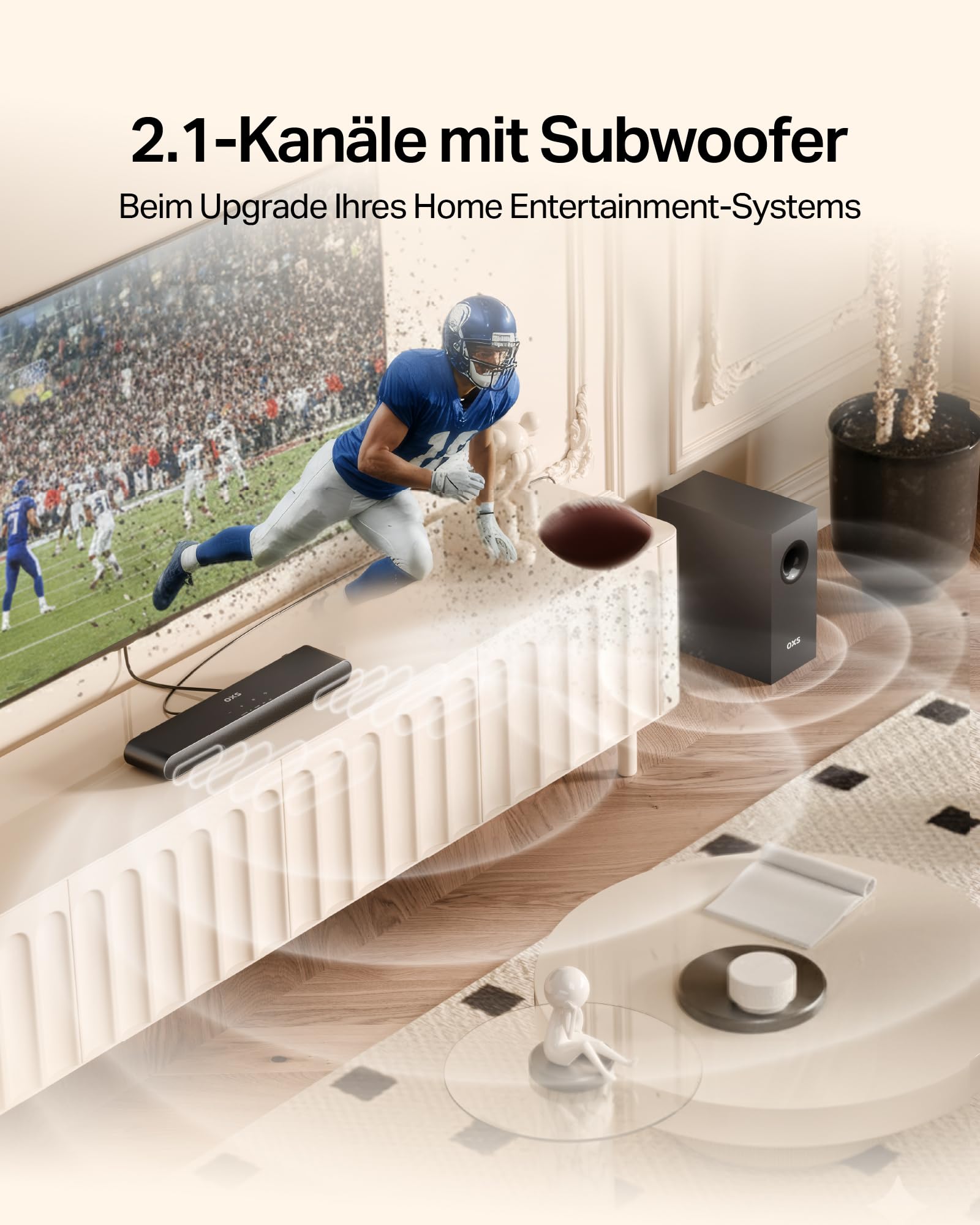 OXS S21 2.1-Kanal Soundbar mit Subwoofer, Präzisionssound mit tiefen Bässen, 180 W Leistung, 3 EQ-Modi, für Heimkino/Musik/Spiel, für TV, PC, Xbox, PS4/5, Telefon, Ultrakompakt, Einfache Einrichtung