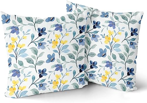 Miniatura 2 de Sweetshow - Fundas de almohada decorativas amarillas y azules con flores, 20 x 20 pulgadas, fundas de almohada de acuarela con hojas verde salvia,