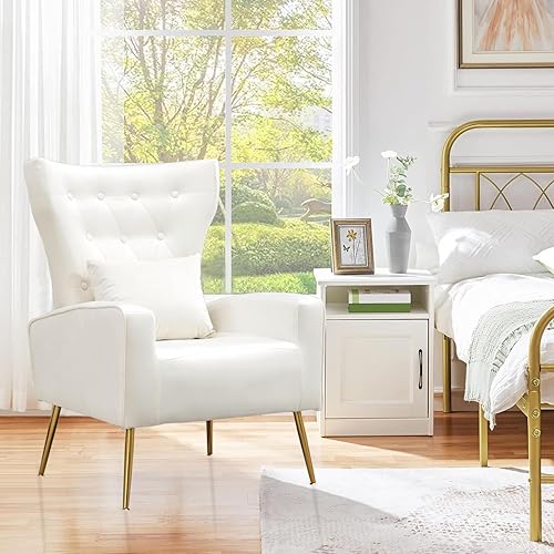 Miniatura 18 de Silla moderna de terciopelo para sala de estar, dormitorio, silla con respaldo alado con brazo y patas doradas, silla auxiliar de recepción de