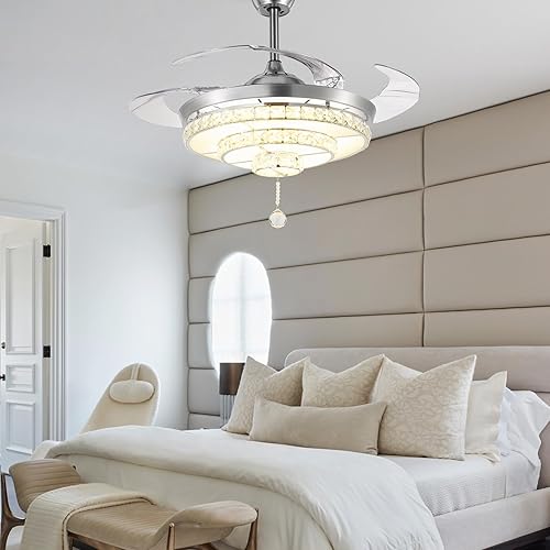 Miniatura 7 de Ventilador de techo de cristal con luz y control remoto, ventilador de araña con 4 cuchillas retráctiles, 3 ventiladores de techo LED de cambio de
