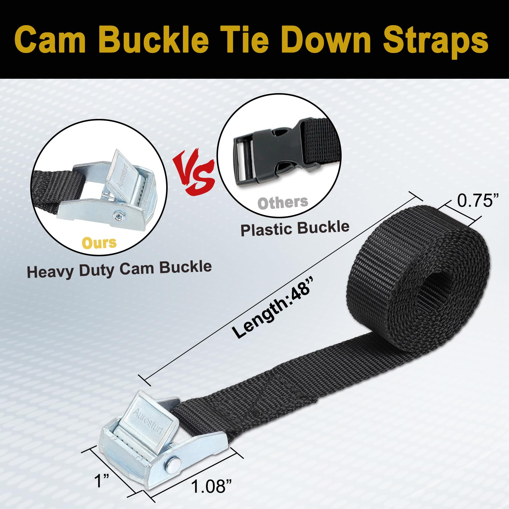 Aurosturt Cam Buckle Tie Down Straps Lashing Straps 6Pcs Cinch Straps Black Packing Straps Securing Straps (Black, 0.75’’ x 48’’)