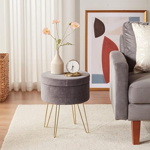 Miniatura 8 de DUHOME Otomana de almacenamiento de terciopelo, taburete de tocador con funda extraíble, reposapiés, taburete redondo, mesa de centro pequeña para