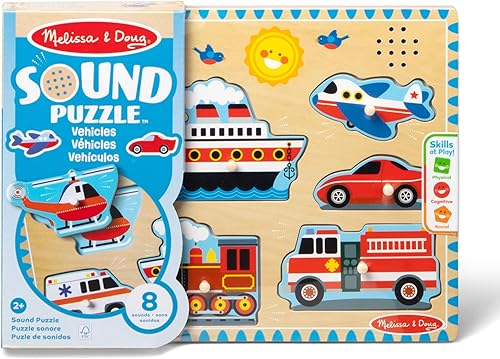 Vista 3 de Melissa & Doug Rompecabezas de Sonidos de Vehículos – Rompecabezas de Clavijas de Madera de 8 Piezas con Sonidos Activados por Luz, Juguete
