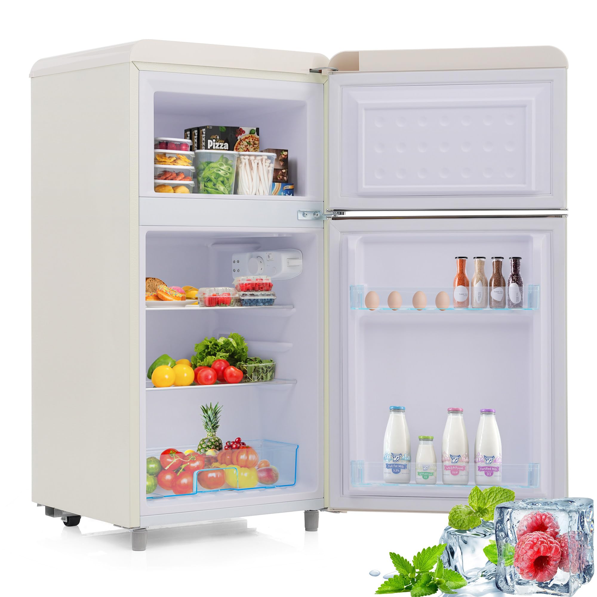 Frigorifero in Stile retrò, Modello a Doppia Porta Superiore e Inferiore, capacità Totale 72 Litri, vano congelatore da 21 Litri, consumo energetico di 120 kWh/Anno, Illuminazione a LED White