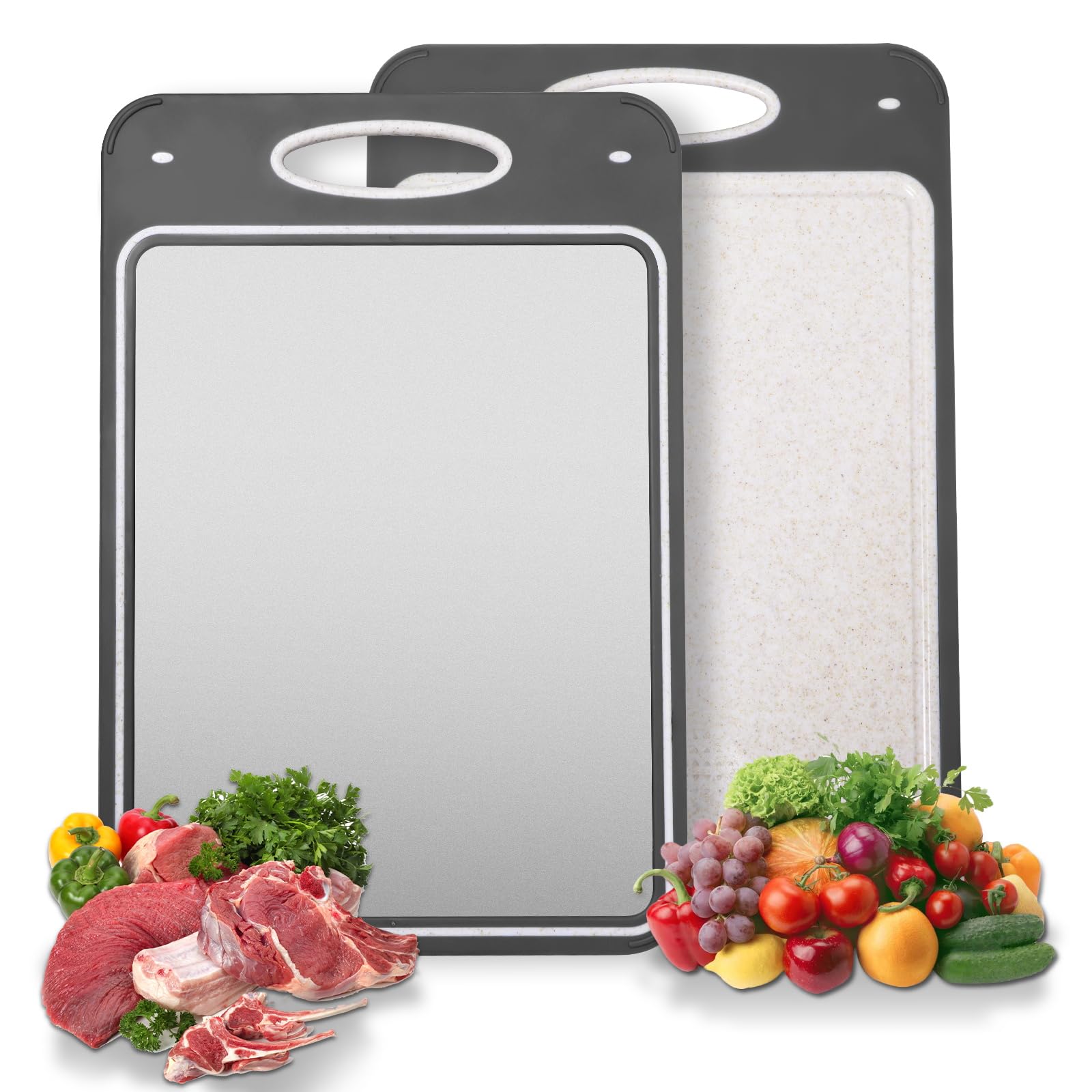 Pure Cut Titanium Cutting Boards for Kitchen – 2 Sided 100% Titanium for Meat/Fish & Wheat Straw PP for Fruits/Vegetables | Non-Toxic, Dishwasher Safe, Durable & Hygienic, Easy Clean Chopping Board