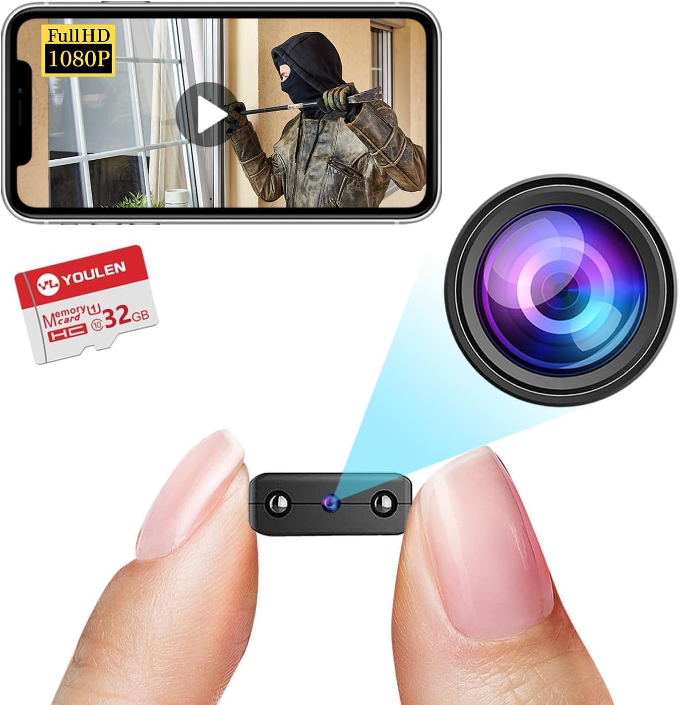 Rettru HD1080P Wireless WiFi IP Camera held between two fingers, showing its small size, with a 32GB memory card and a camera lens graphic.