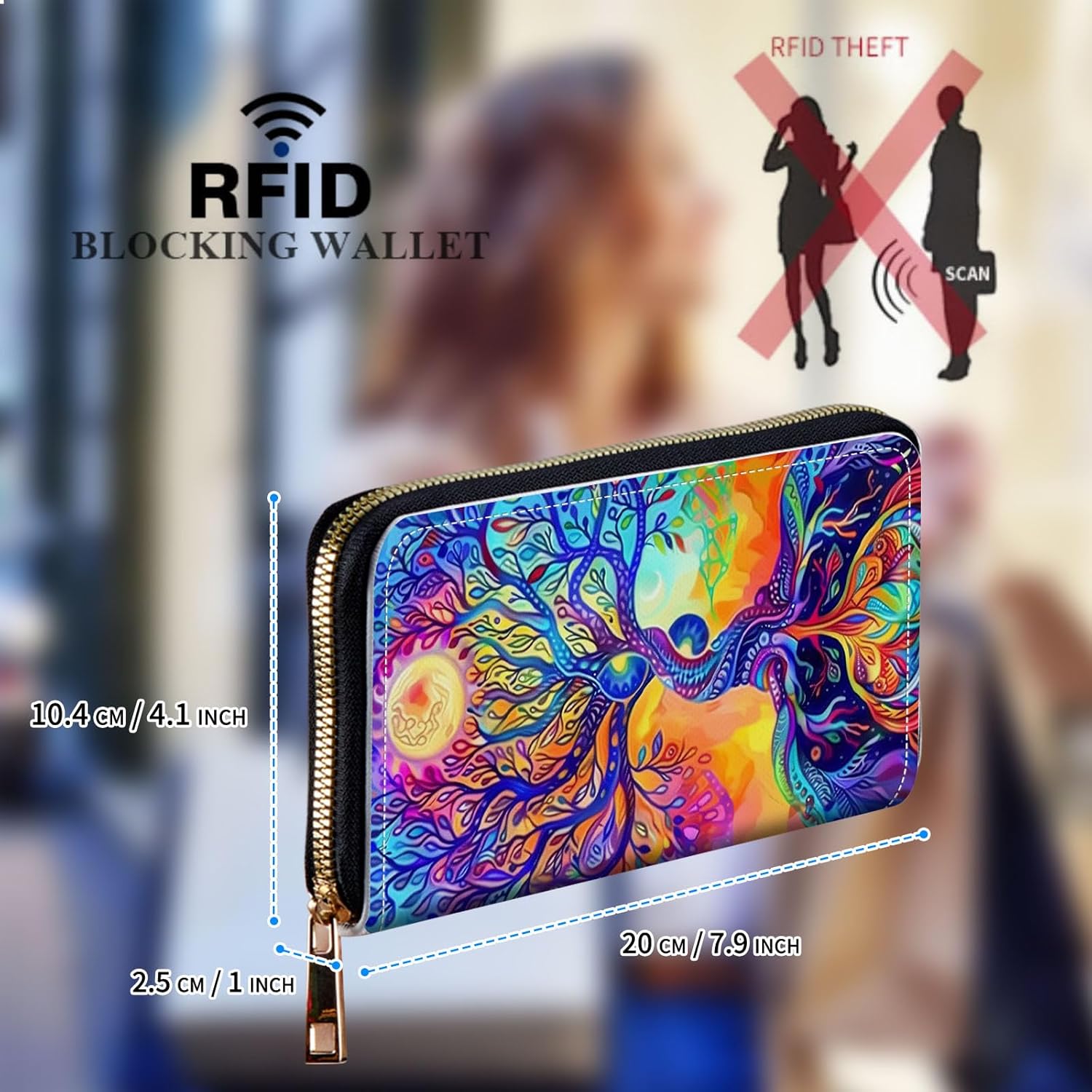 Womens Wallet, Large Capacity RFID Blocking PU Leather Wristlet Wallets for Women Ladies Men Credit Card Holder Zipper Wallet Phone Holder Clutch Travel Purse, Watercolor Tree - Image 2