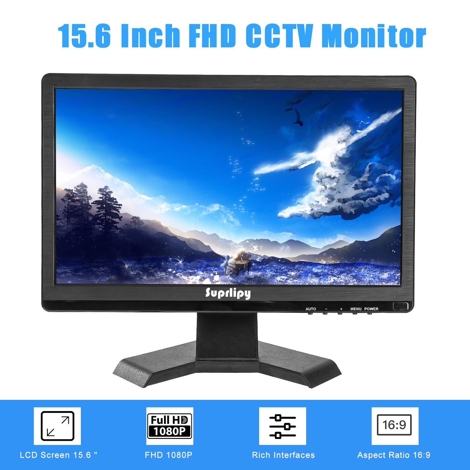 15.6 inch FHD Small IPS Monitor LCD Display Screen 1920x1080 60Hz 16:9 with BNC VGA AV Input Built-in Lounspeakers for CCTV Security Camera DVR PC RasPi