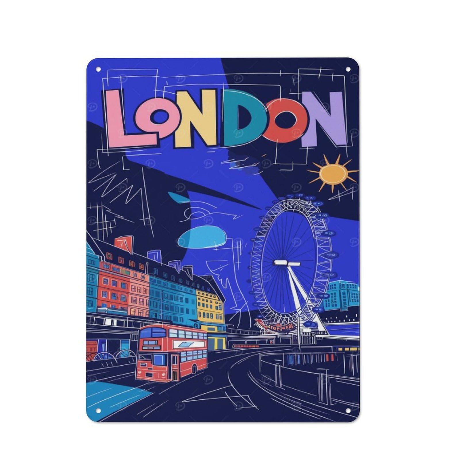 Junmoney Colorful London Cityscape Illustration Country Vintage Metal Wall Decor 40X30cm, Decorative Tin Sign For Cottage, Kitchen, Hallway Or Breakfast Nook