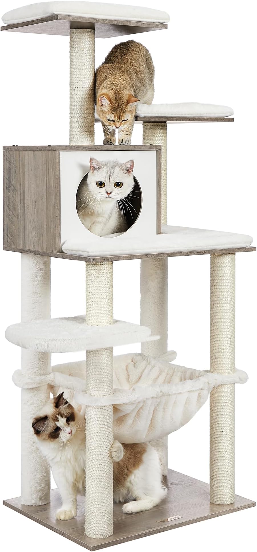 Feandrea Cat Tree, 54.3-Inch Modern Cat Tower for Indoor Cats, Multi-Level Cat Condo, Ultra-Soft Plush, Scratching Posts, Hammock, Removable, Washable Cushions, Heather Greige UPCT164G01