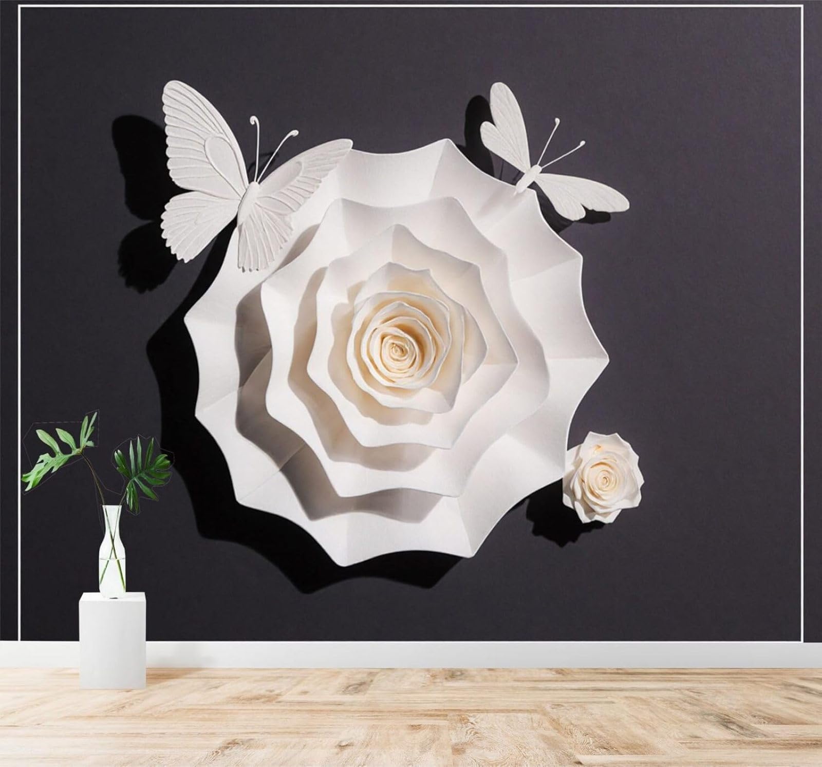 Xlming 430Cm×300Cm(B×H) Minimalist Three Dimensional White Flowers And Butterflies Pattern 3D Wallpaper Silky Texture Home Study Office Grey Dining Room Sofa Bedroom Living Room Tv Backdrop-430Cm×300Cm