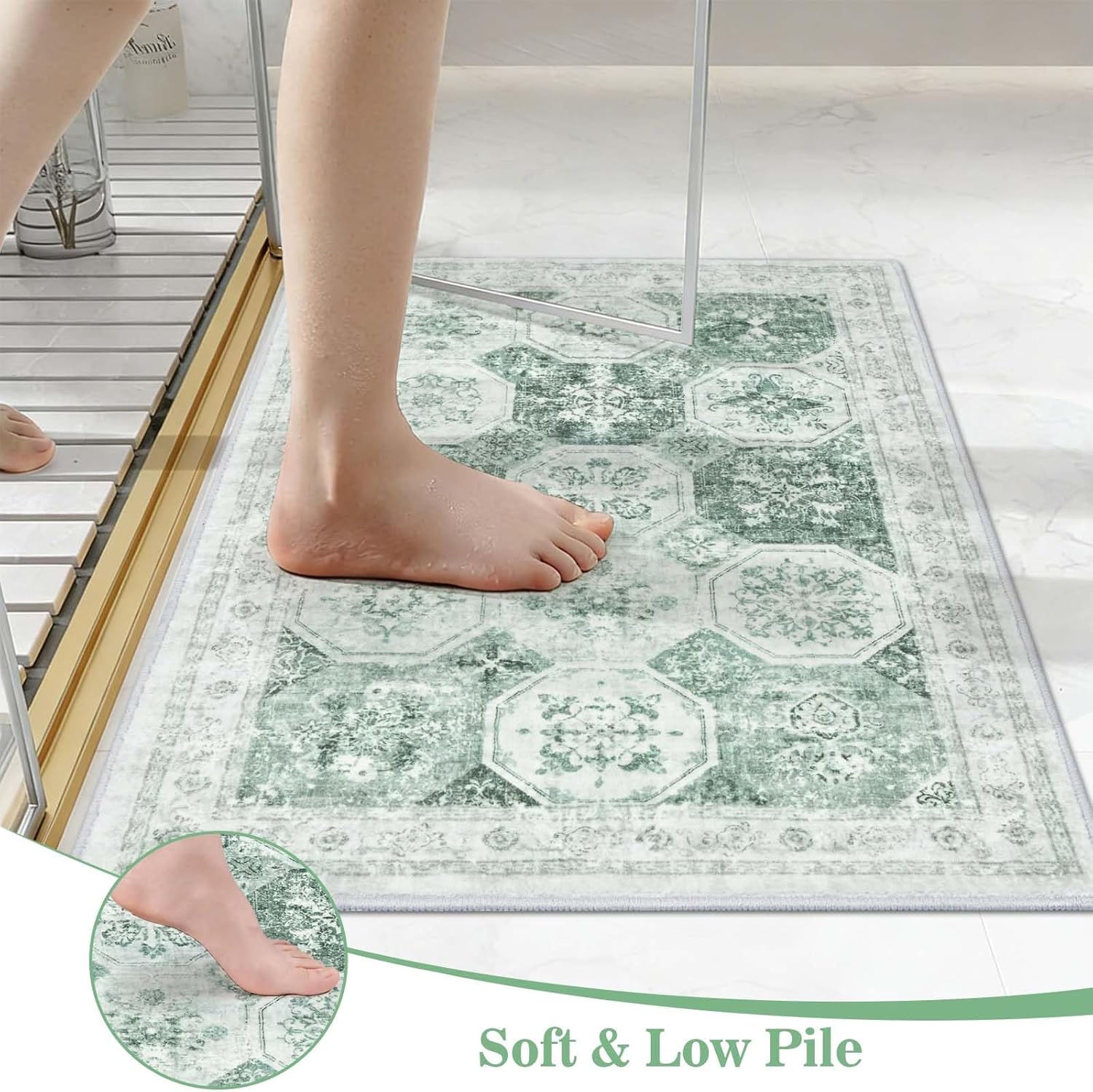 Yinhua Green Bathroom Runner Rug, 18x47 Inch Boho Long Bathroom Rug Runner, Vintage Absorbent Non Slip Bath Mat Soft Shaggy, Distressed Quick Dry Bath Rugs for Sink Shower Bathtub