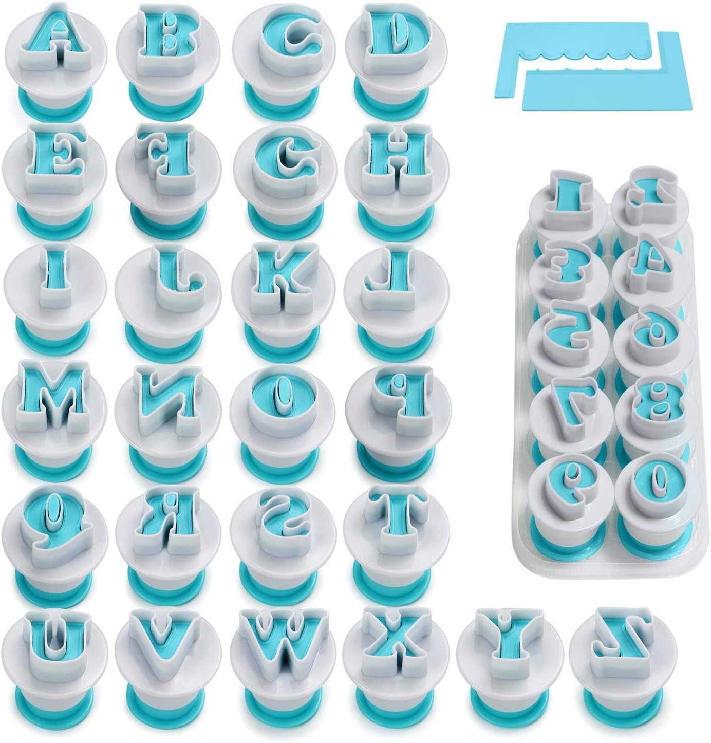 FANGSUN 36 Pieces Alphabet & Numbers Fondant Cake Mold, Cookie Stamp Impress, Embosser Cutter, Upper Case Numbers Shape DIY Cookie Biscuit with 2 Cake Scraper