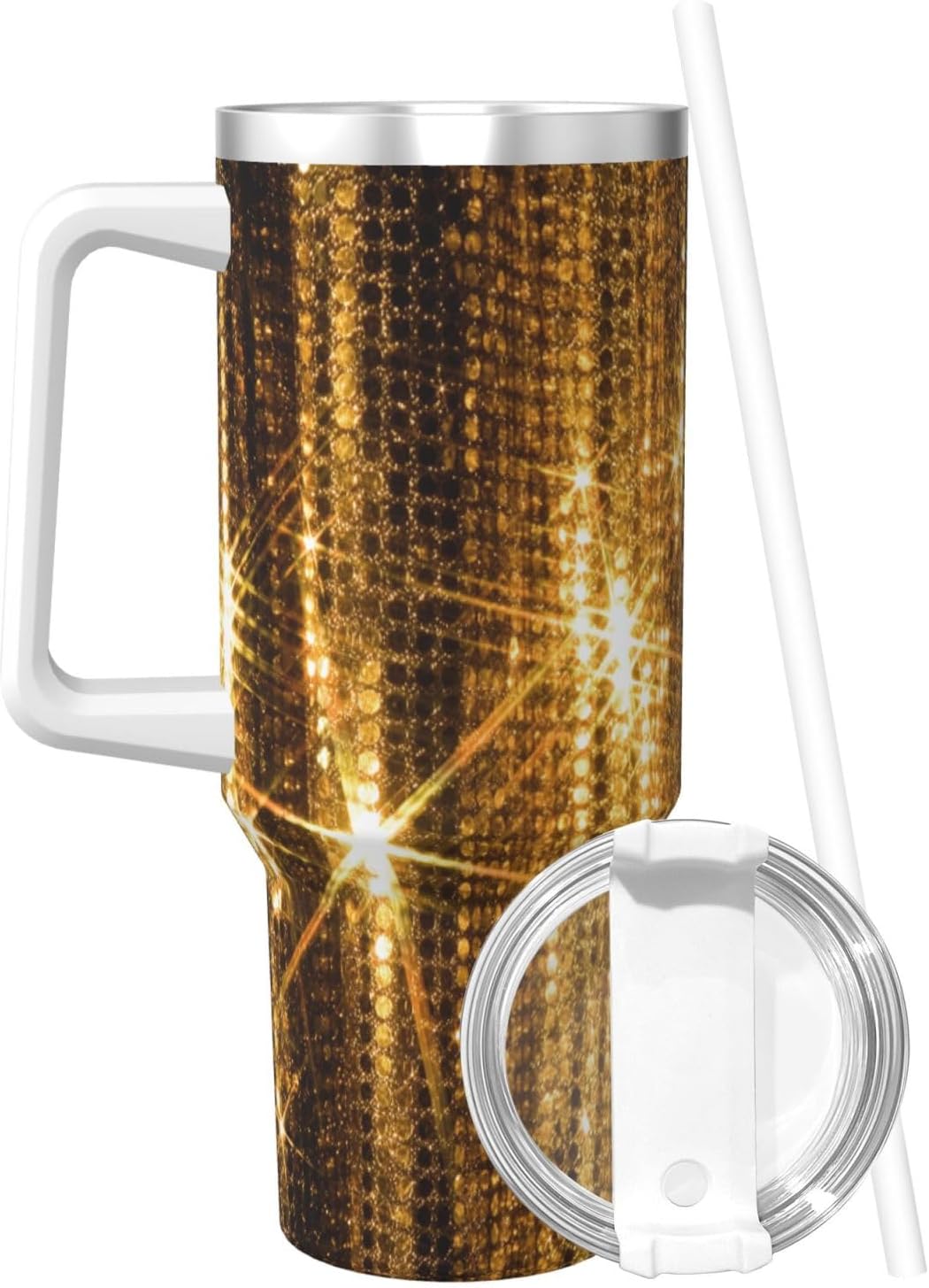 40 OZ Gold Sequin Sparkle Print Ice Bully Cup with Handle Straw Lid Straw,Stainless Steel Tumbler Coffee Cup