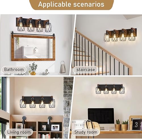 Miniatura 8 de Lámpara de tocador de baño de granja de 4 luces, accesorios de iluminación de baño de madera sobre el espejo, lámparas de baño negras con pantalla