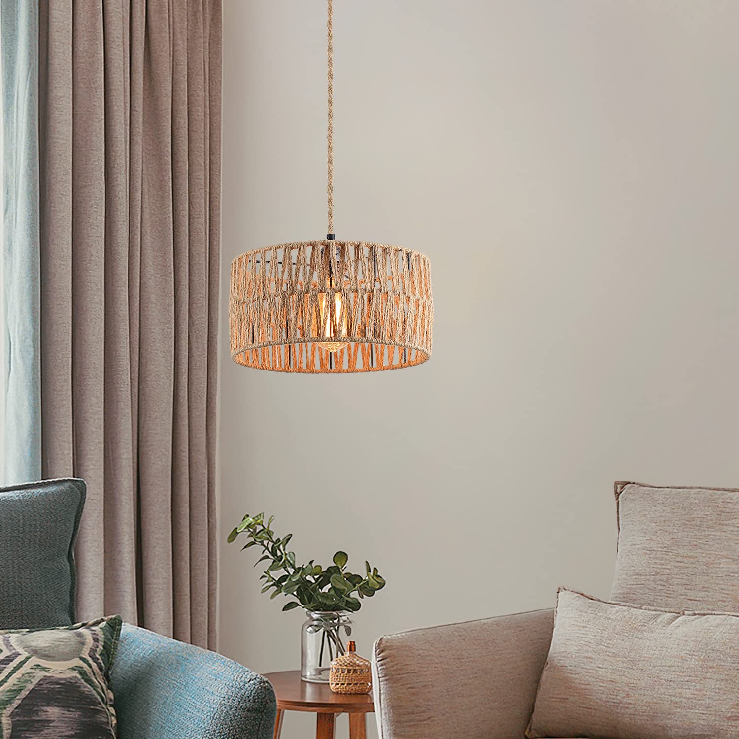 Hchunqjor Coastal Woven Plug in Pendant Light with 14ft Handmade Woven Light Cord, Rustic Industrial Hemp Rope Hanging Lamp for Bedroom Kitchen Island Decor Farmhouse Living Room, Black